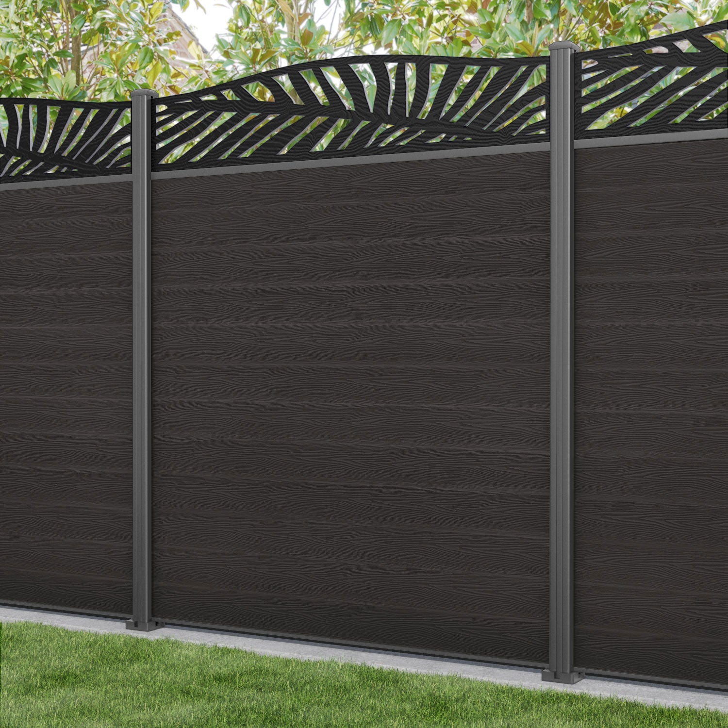 Classic Palm Curved Top Fence Panel - Dark Oak - with our aluminium posts