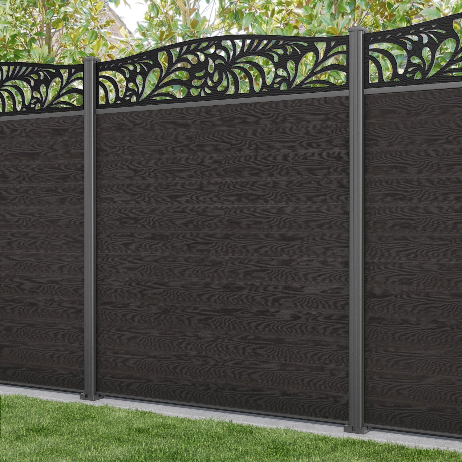 Classic Petal Curved Top Fence Panel - Dark Oak - with our aluminium posts