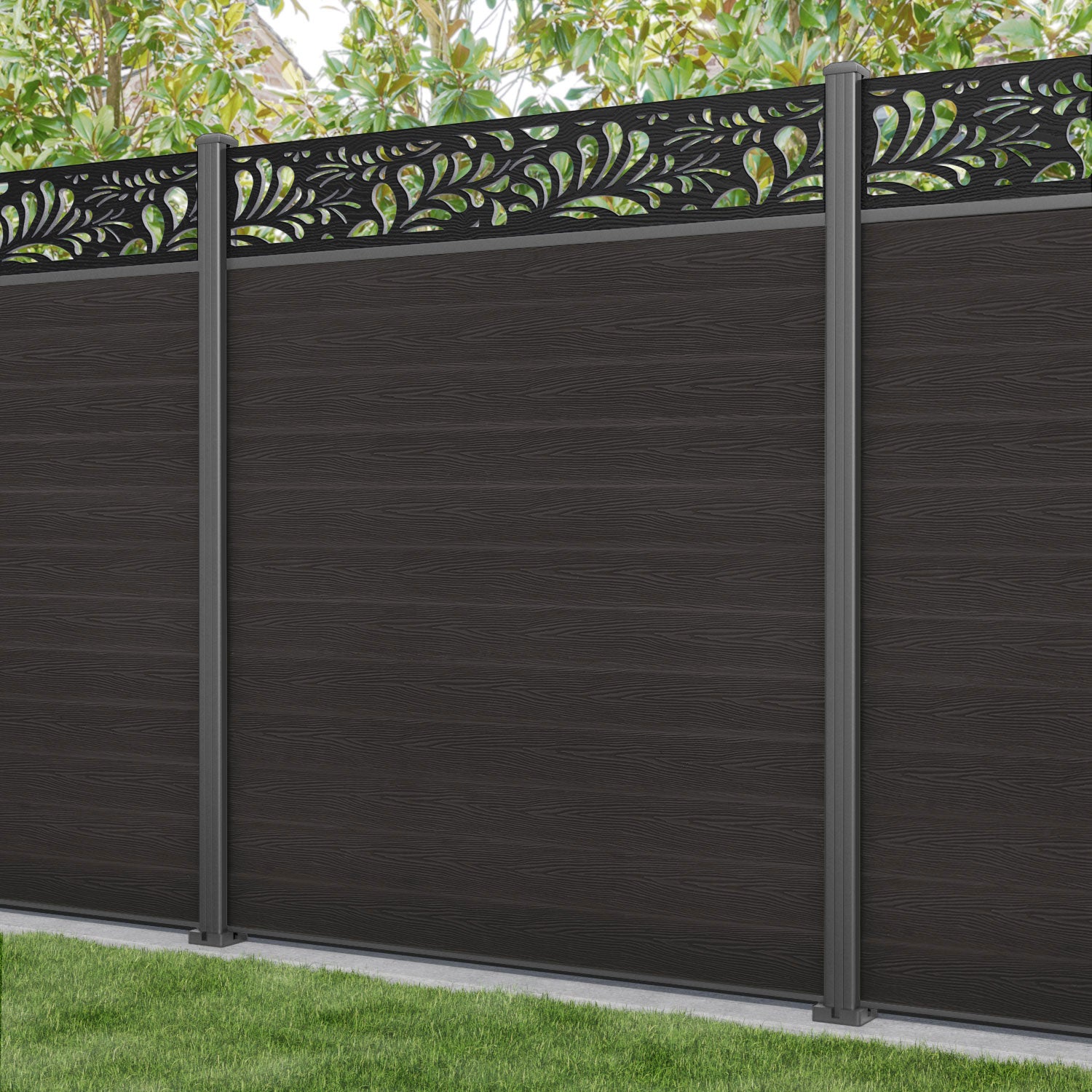Classic Petal Fence Panel - Dark Oak - with our aluminium posts