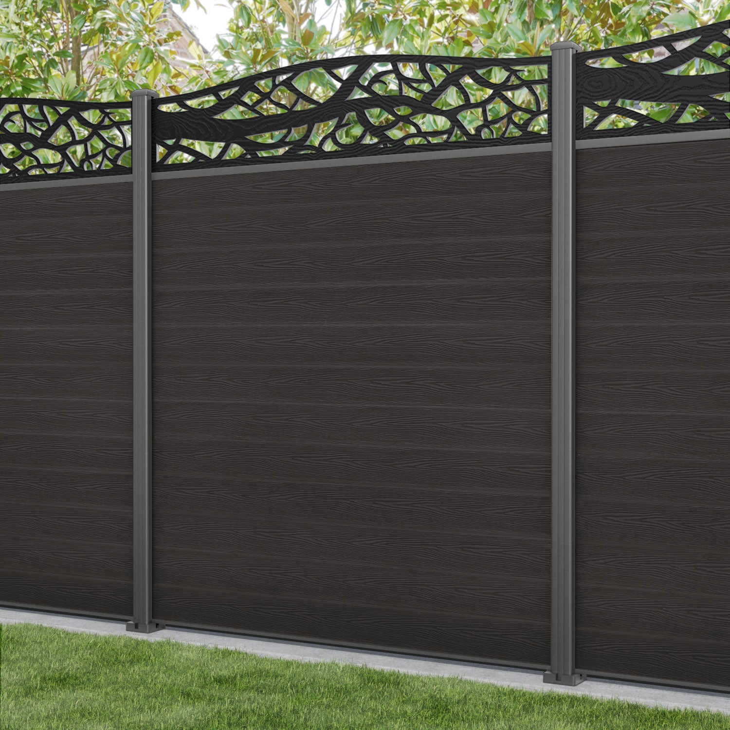 Classic Twilight Curved Top Fence Panel - Dark Oak - with our aluminium posts
