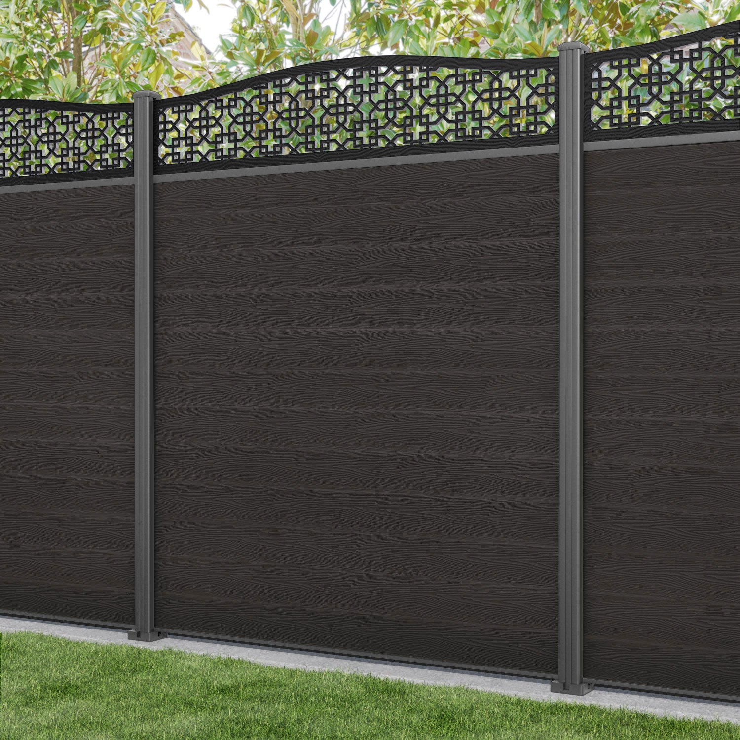 Classic Zaria Curved Top Fence Panel - Dark Oak - with our aluminium posts