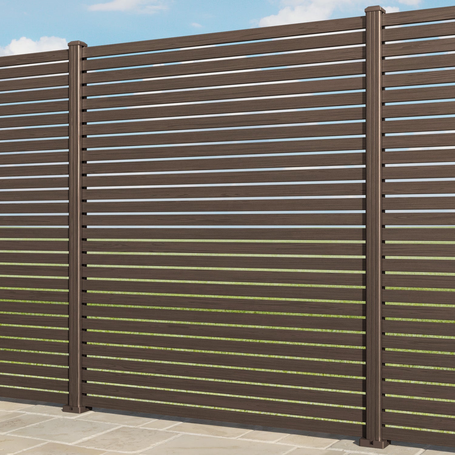 Aria Aluminium Fence Panel - Dark Oak - with our aluminium posts