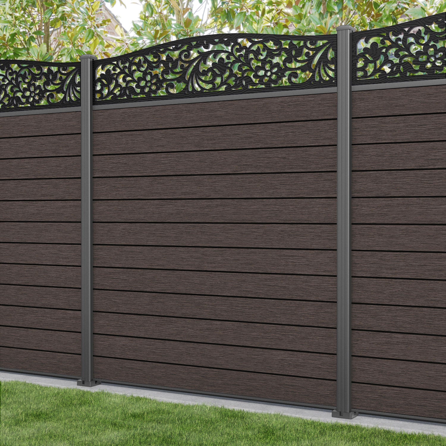 Fusion Eden Curved Top Fence Panel - Mid Brown - with our aluminium posts