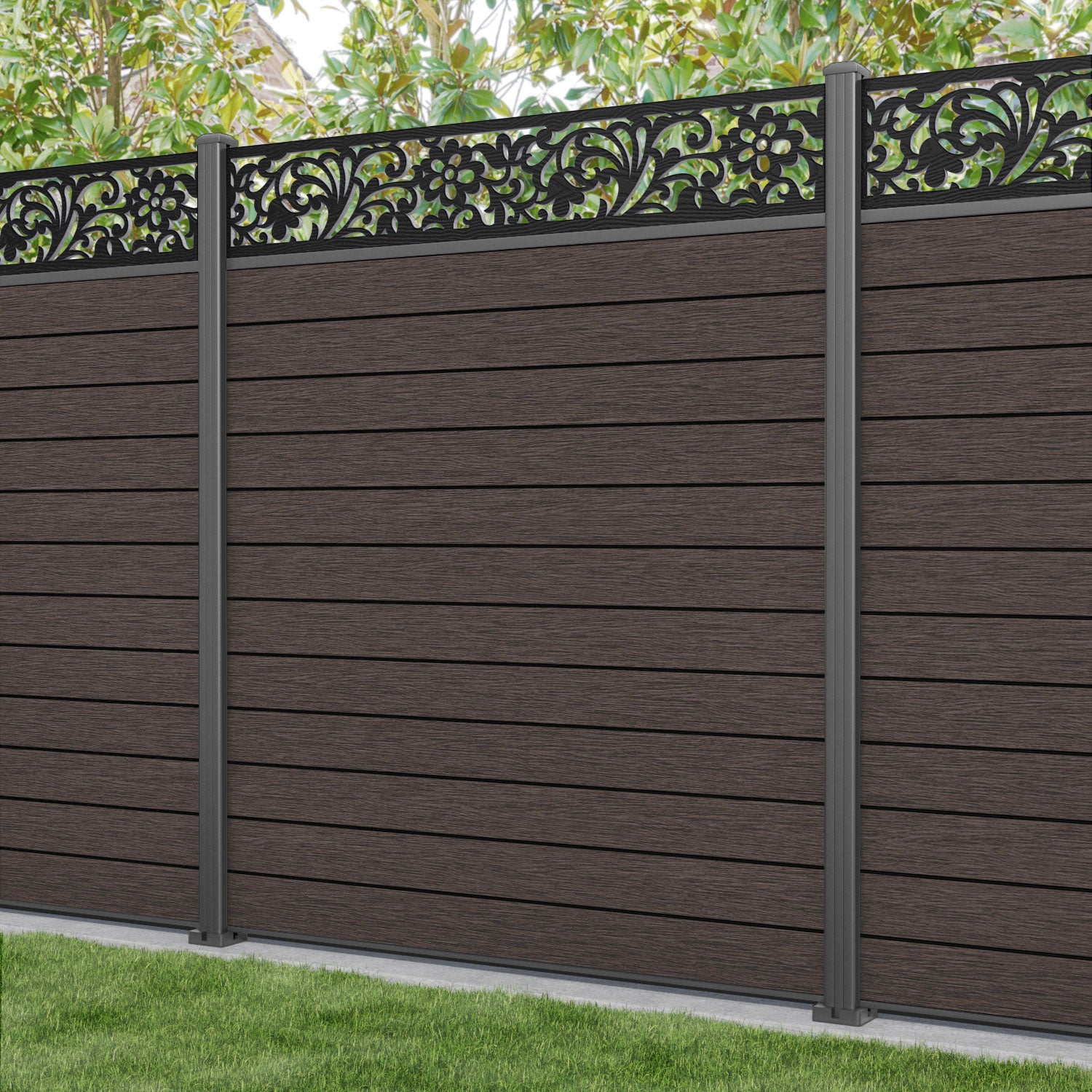 Fusion Eden Fence Panel - Mid Brown - with our aluminium posts