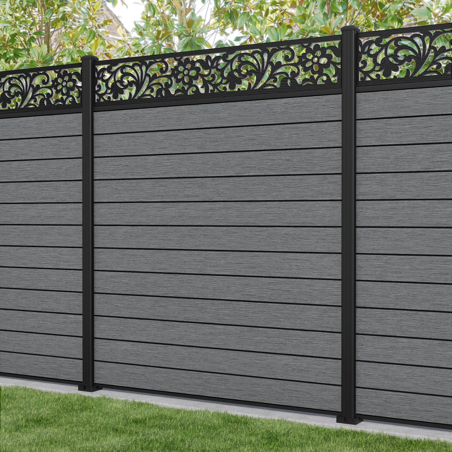 Fusion Eden Fence Panel - Mid Grey - with our aluminium posts