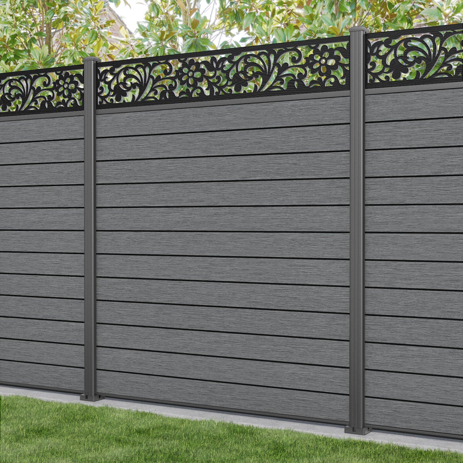 Fusion Eden Fence Panel - Mid Grey - with our aluminium posts