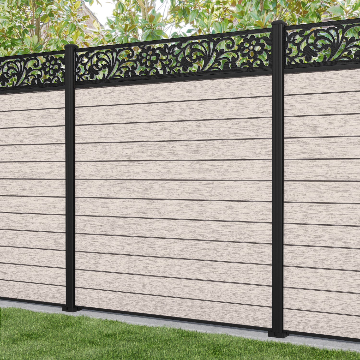 Fusion Eden Fence Panel - Mid Stone - with our aluminium posts