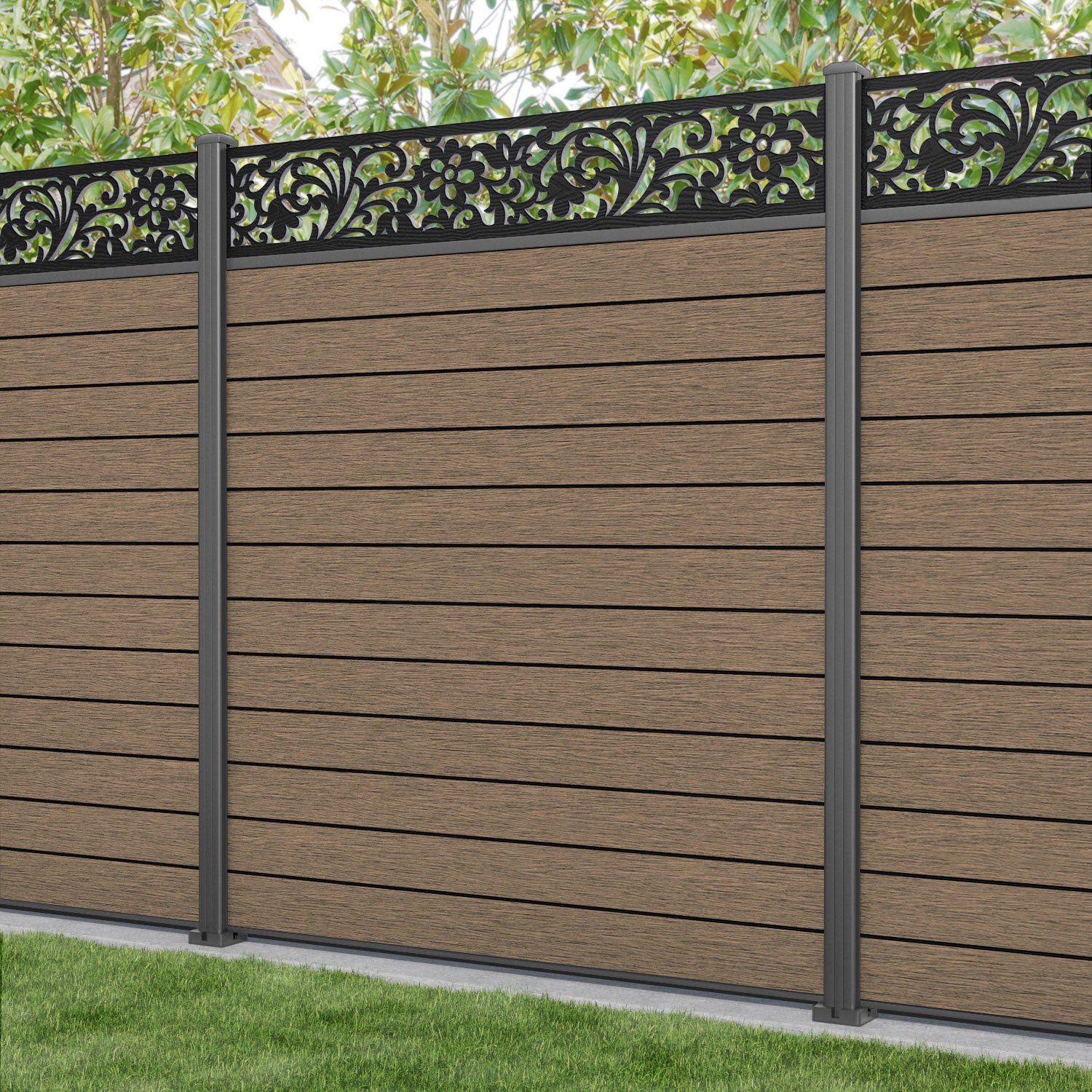 Fusion Eden Fence Panel - Teak - with our aluminium posts