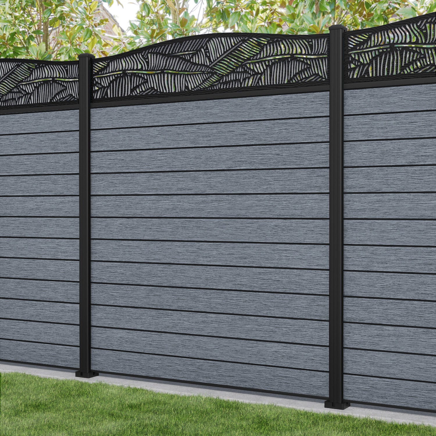 Fusion Feather Curved Top Fence Panel - Anthracite - with our aluminium posts
