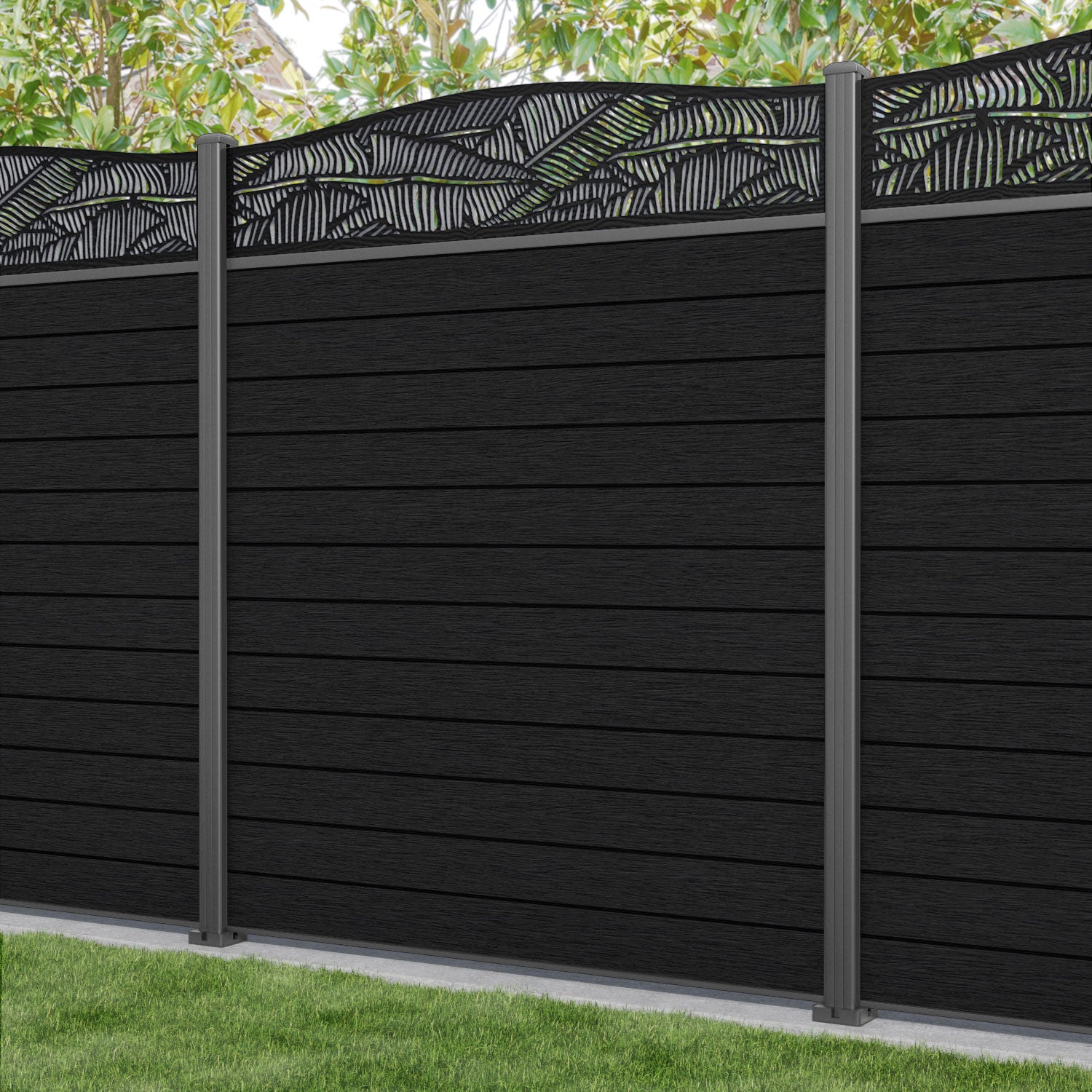 Fusion Feather Curved Top Fence Panel - Black - with our aluminium posts