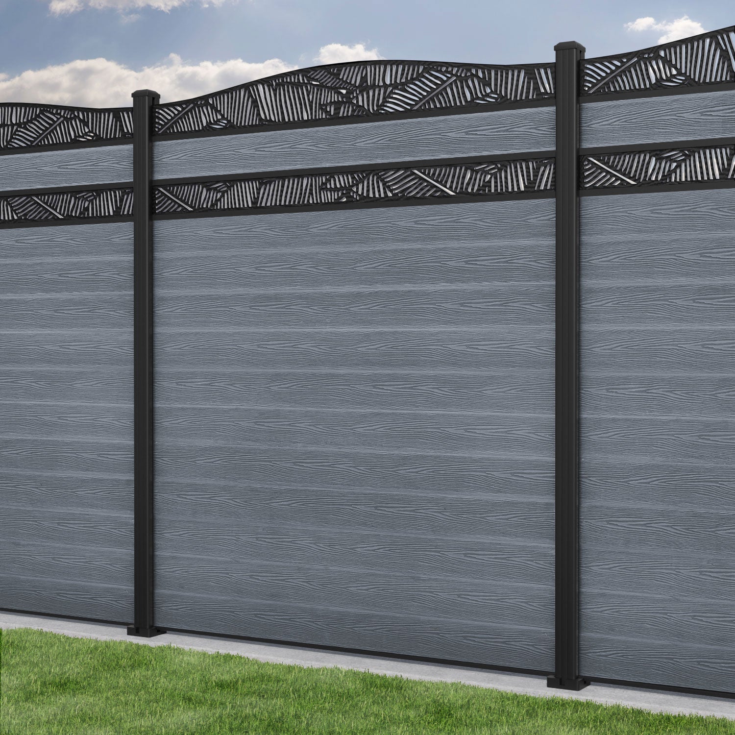 Classic Feather Curved Top Split Screen Fence Panel - Anthracite - with our aluminium posts