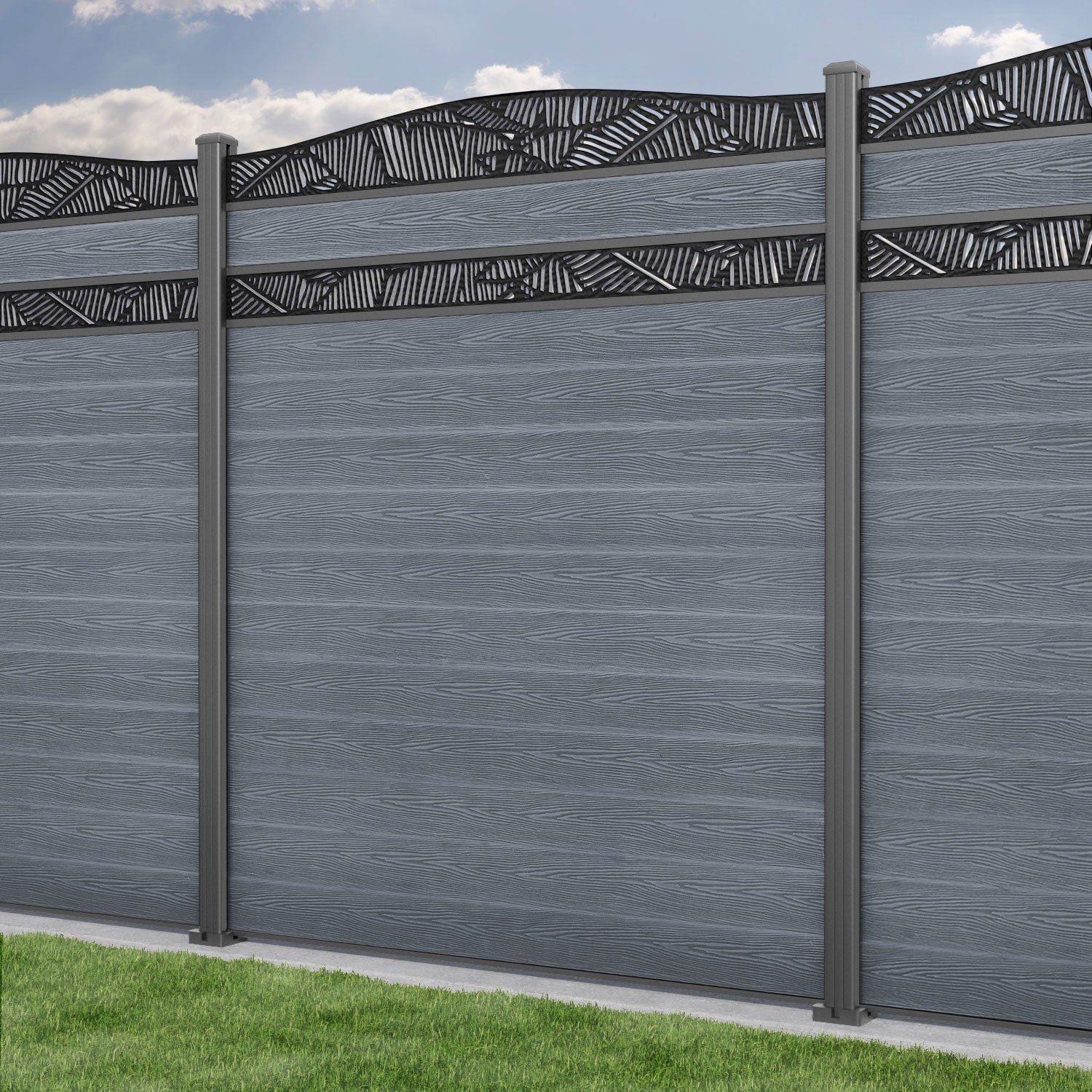 Classic Feather Curved Top Split Screen Fence Panel - Anthracite - with our aluminium posts