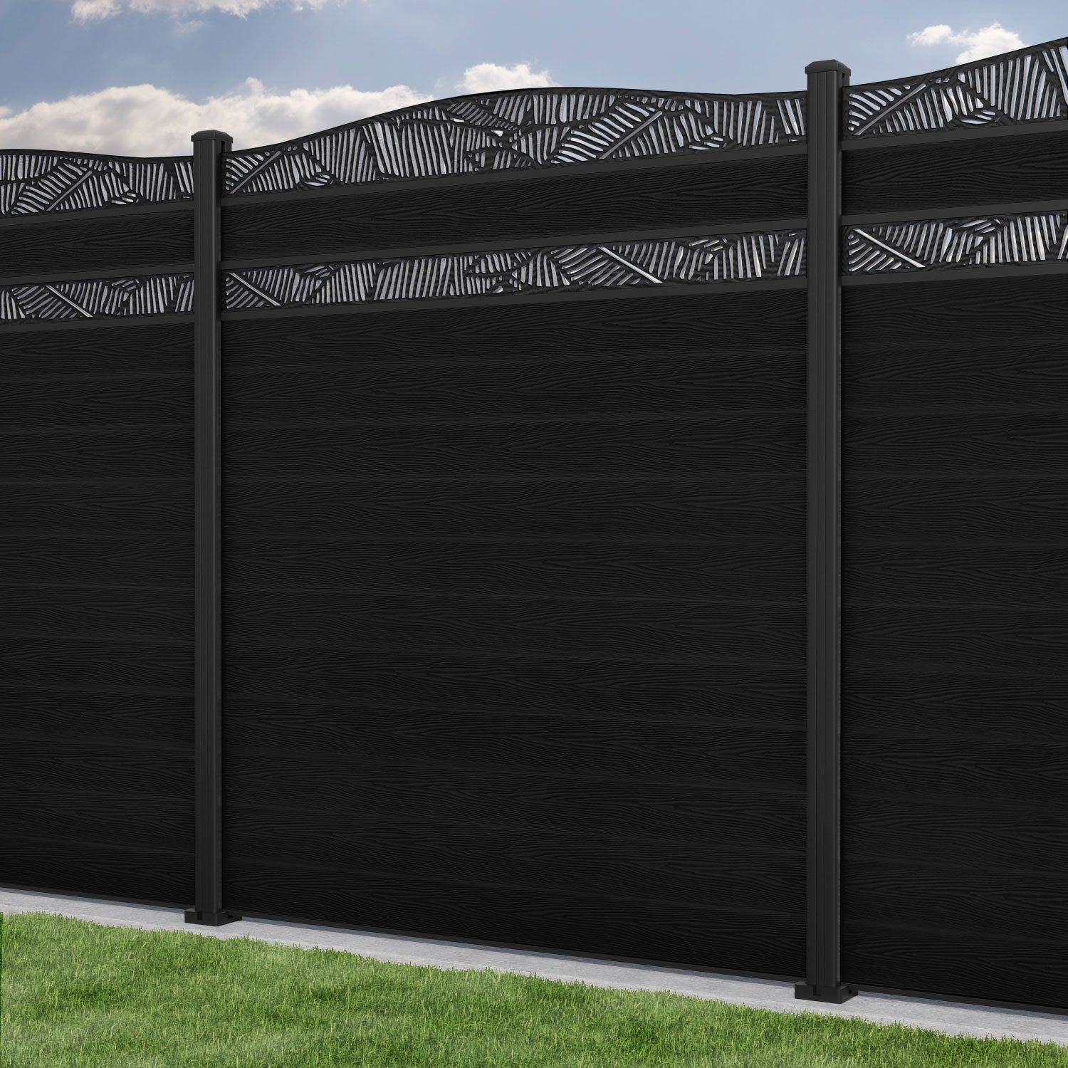 Classic Feather Curved Top Split Screen Fence Panel - Black - with our aluminium posts