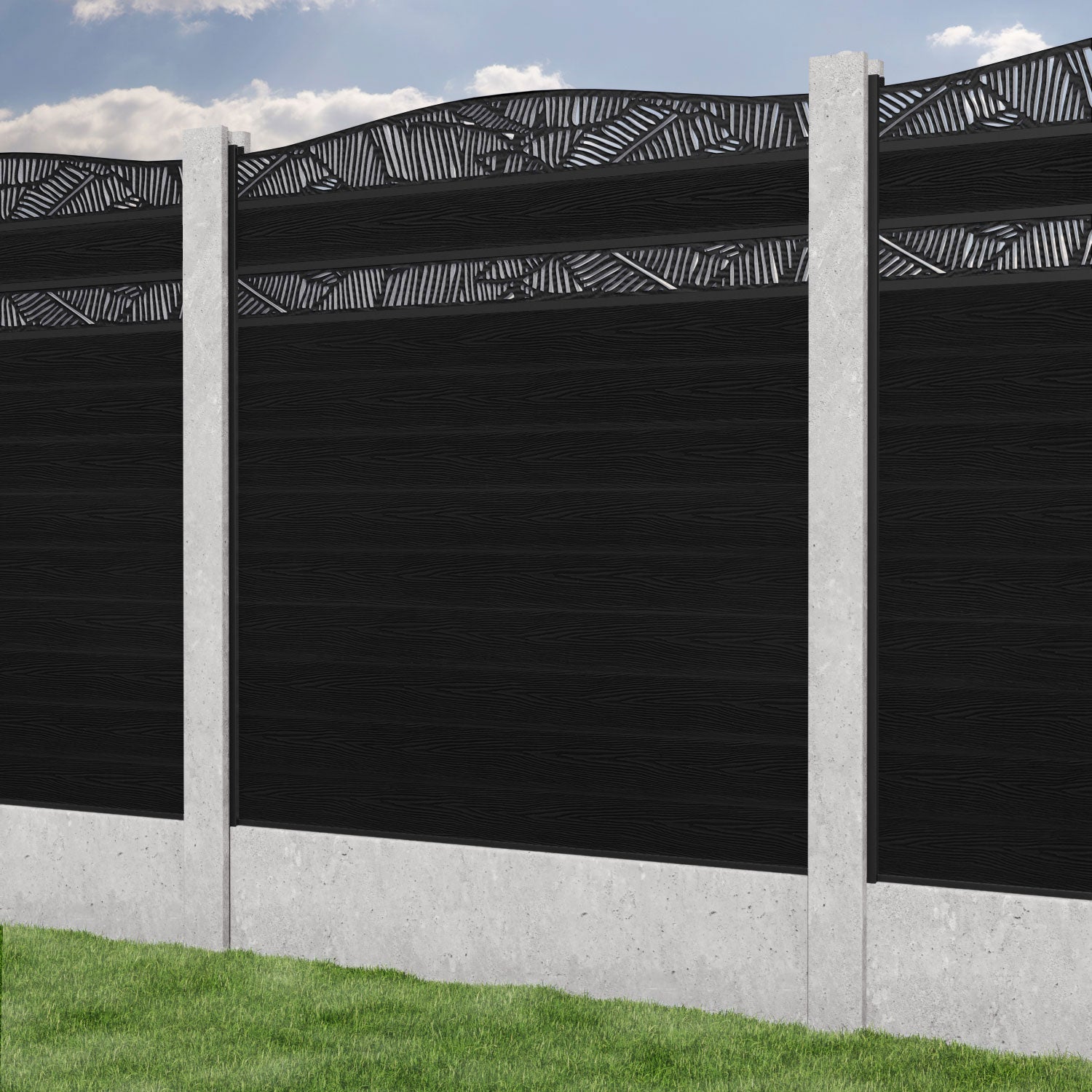 Classic Feather Curved Top Split Screen Fence Panel - Black - for existing concrete posts
