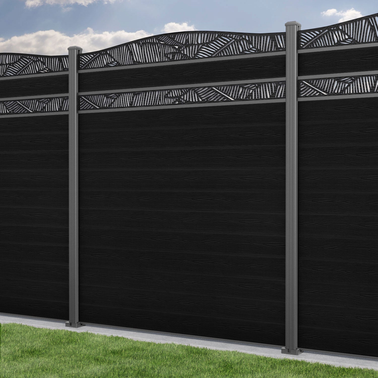 Classic Feather Curved Top Split Screen Fence Panel - Black - with our aluminium posts