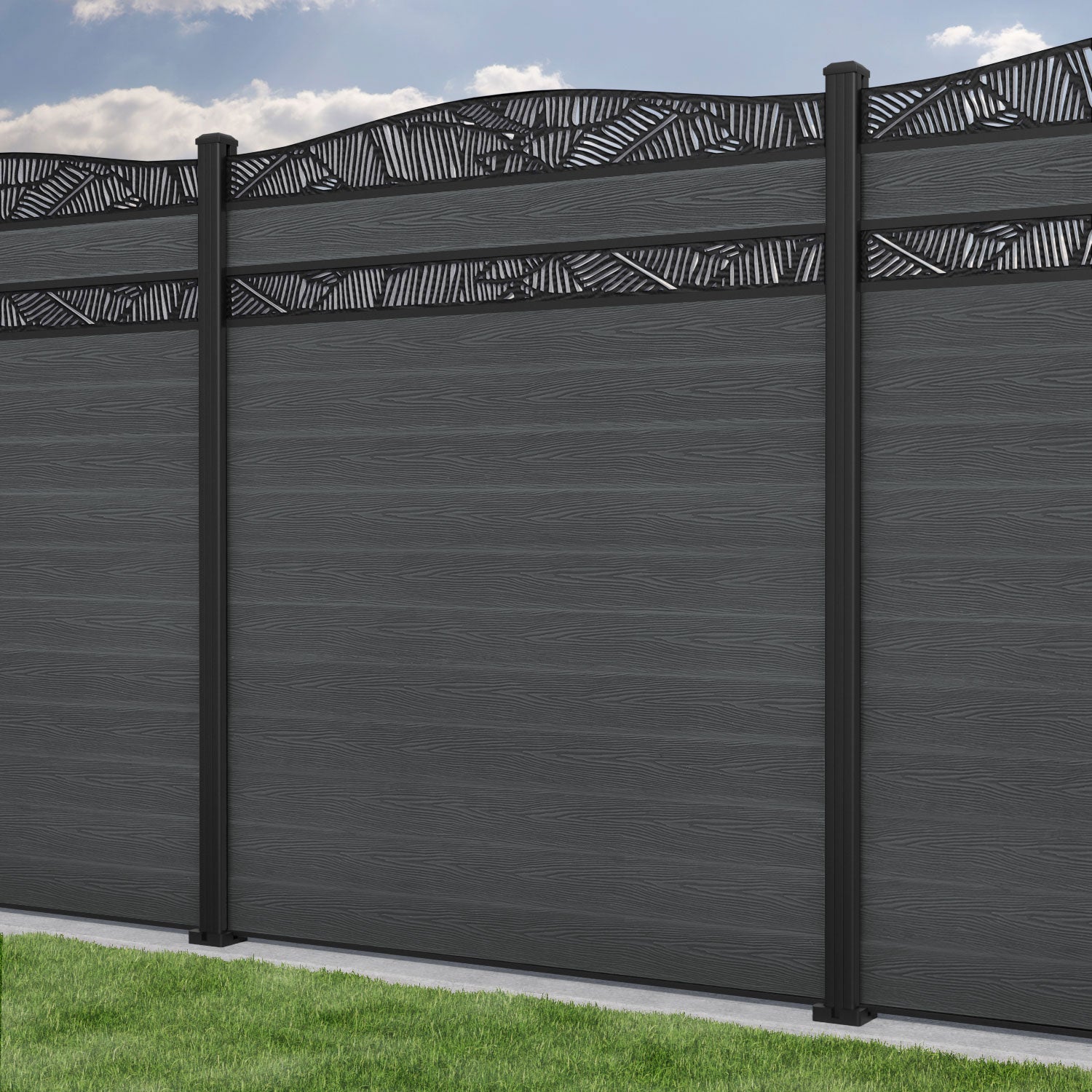 Classic Feather Curved Top Split Screen Fence Panel - Dark Grey - with our aluminium posts