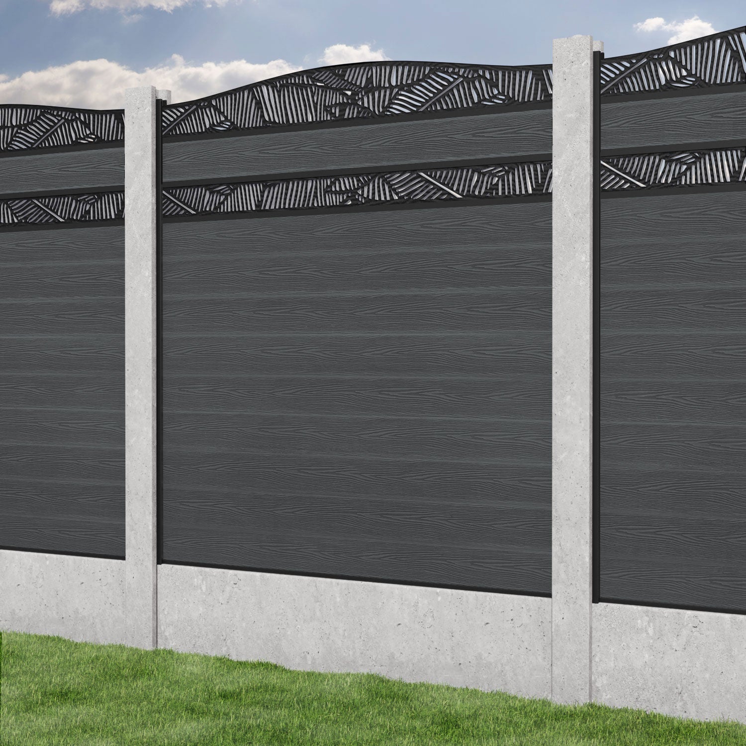 Classic Feather Curved Top Split Screen Fence Panel - Dark Grey - for existing concrete posts