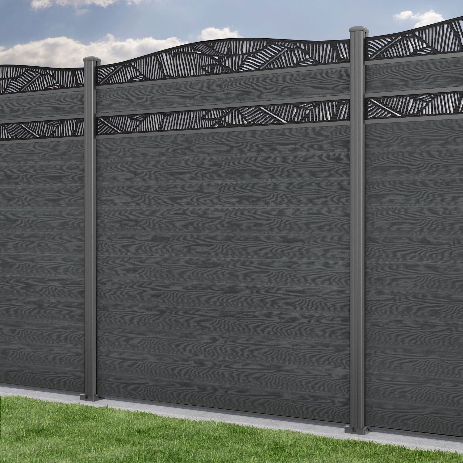 Classic Feather Curved Top Split Screen Fence Panel - Dark Grey - with our aluminium posts
