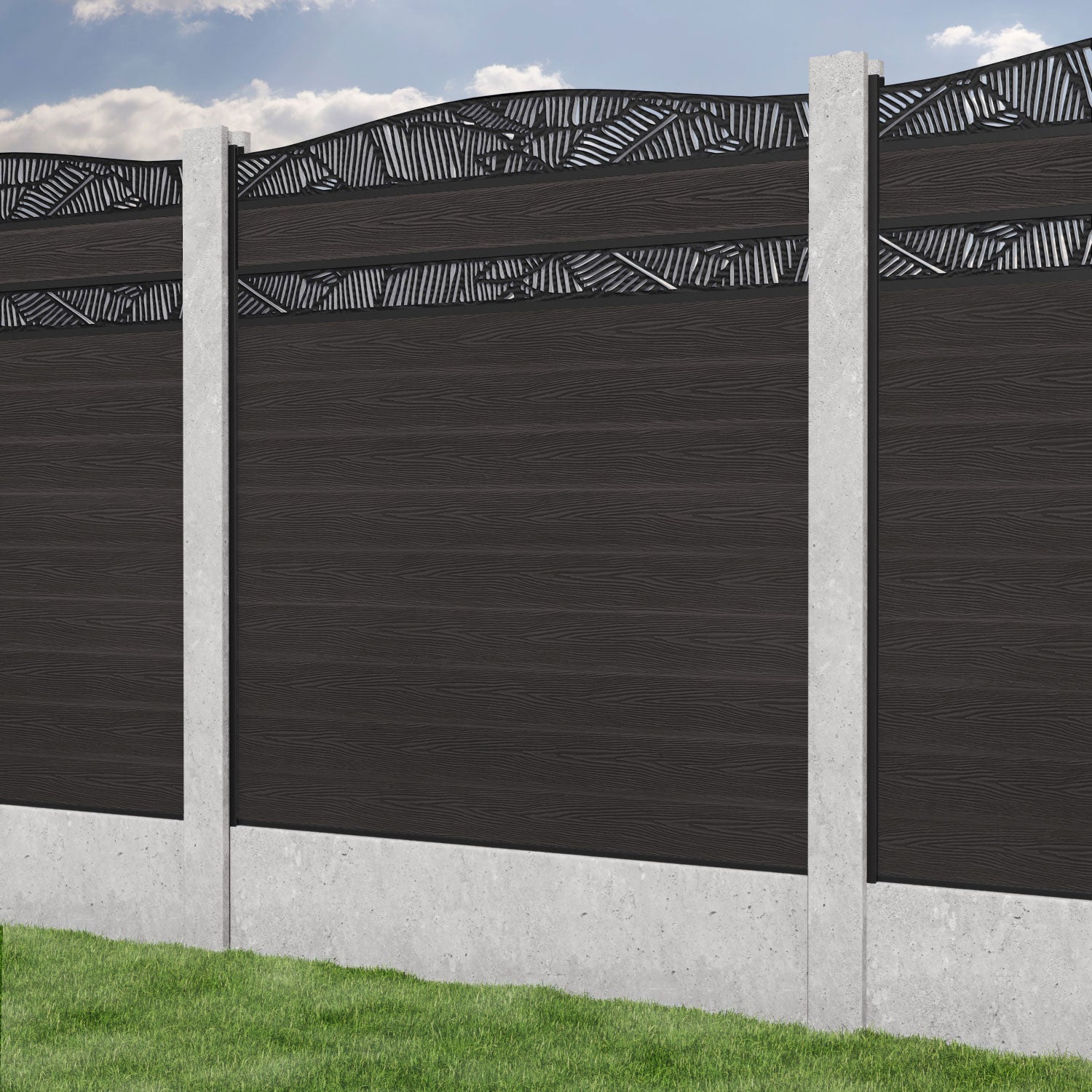 Classic Feather Curved Top Split Screen Fence Panel - Dark Oak - for existing concrete posts