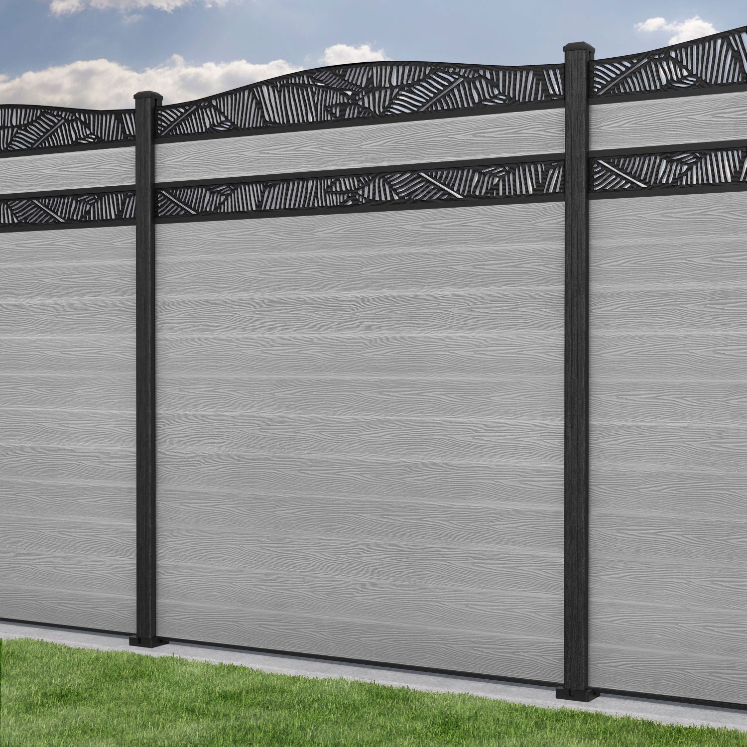Classic Feather Curved Top Split Screen Fence Panel - Light Grey - with our composite posts