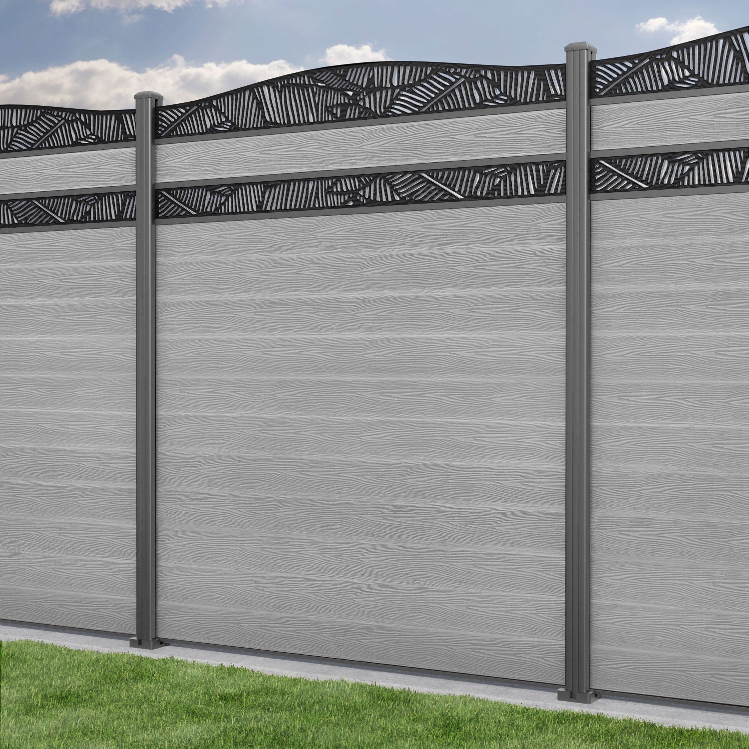 Classic Feather Curved Top Split Screen Fence Panel - Light Grey - with our aluminium posts