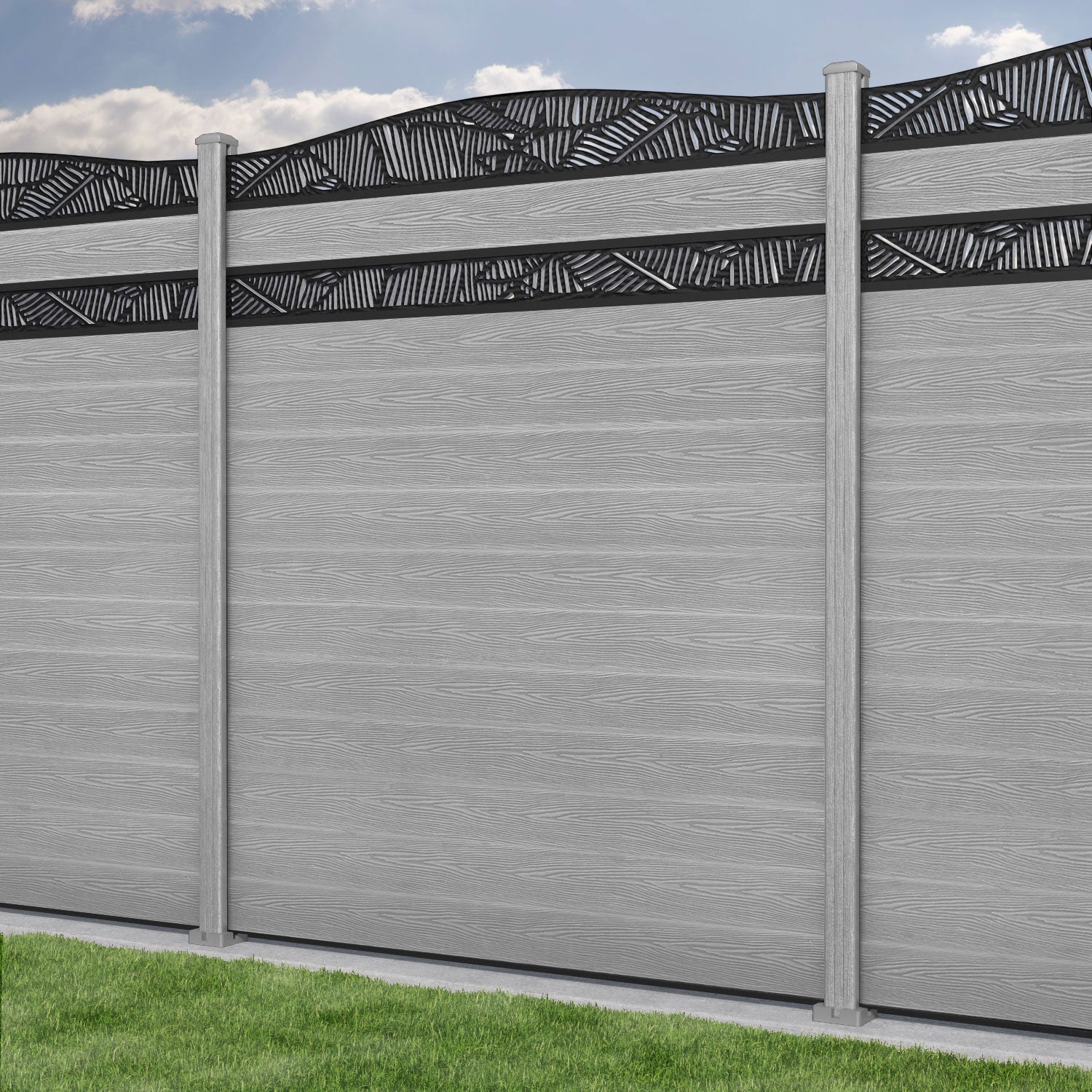 Classic Feather Curved Top Split Screen Fence Panel - Light Grey - with our composite posts