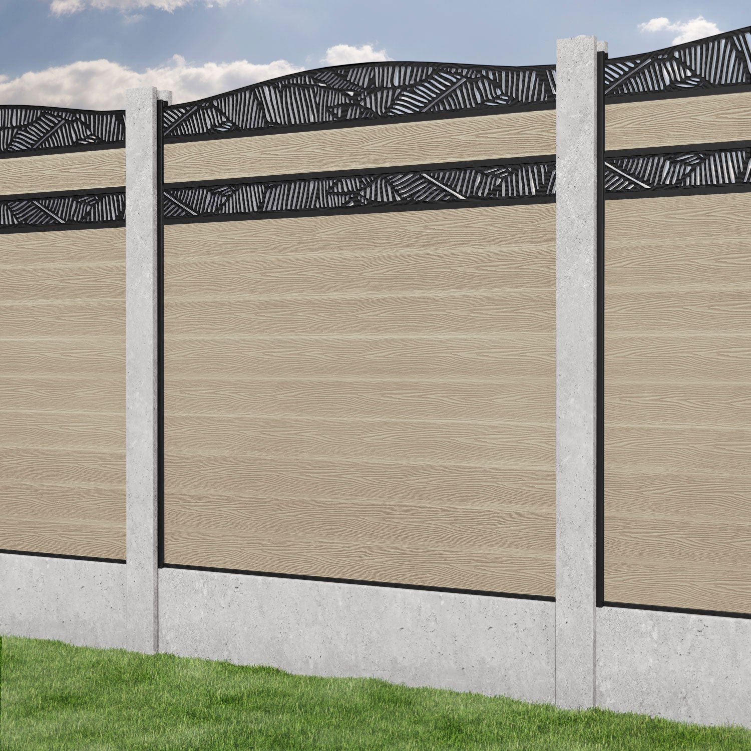 Classic Feather Curved Top Split Screen Fence Panel - Light Oak - for existing concrete posts