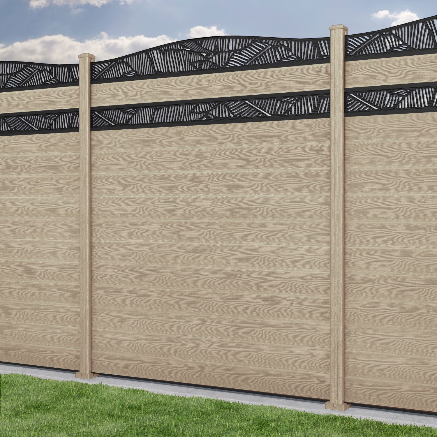 Classic Feather Curved Top Split Screen Fence Panel - Light Oak - with our composite posts