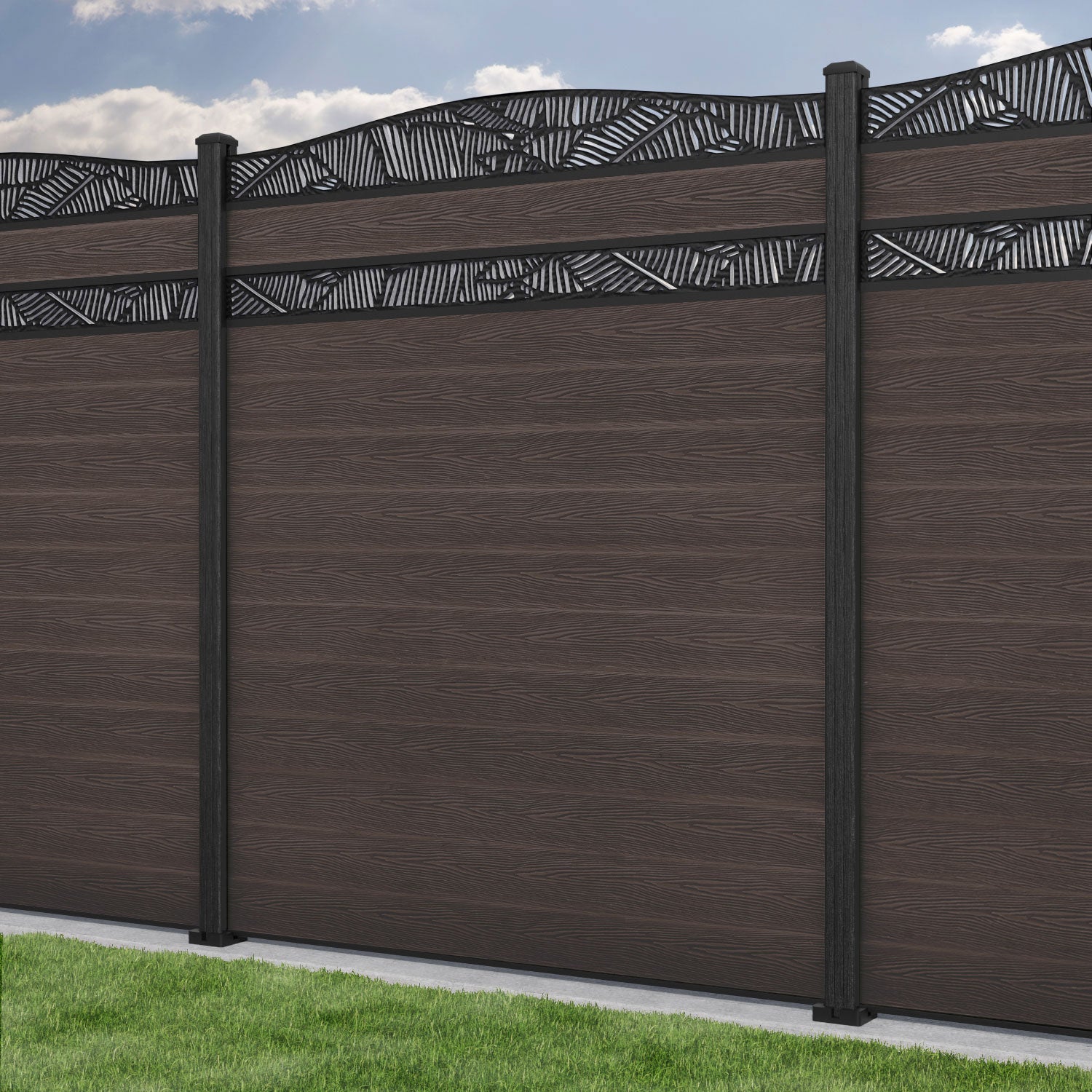 Classic Feather Curved Top Split Screen Fence Panel - Mid Brown - with our composite posts