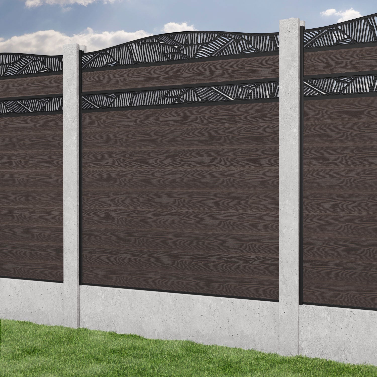 Classic Feather Curved Top Split Screen Fence Panel - Mid Brown - for existing concrete posts