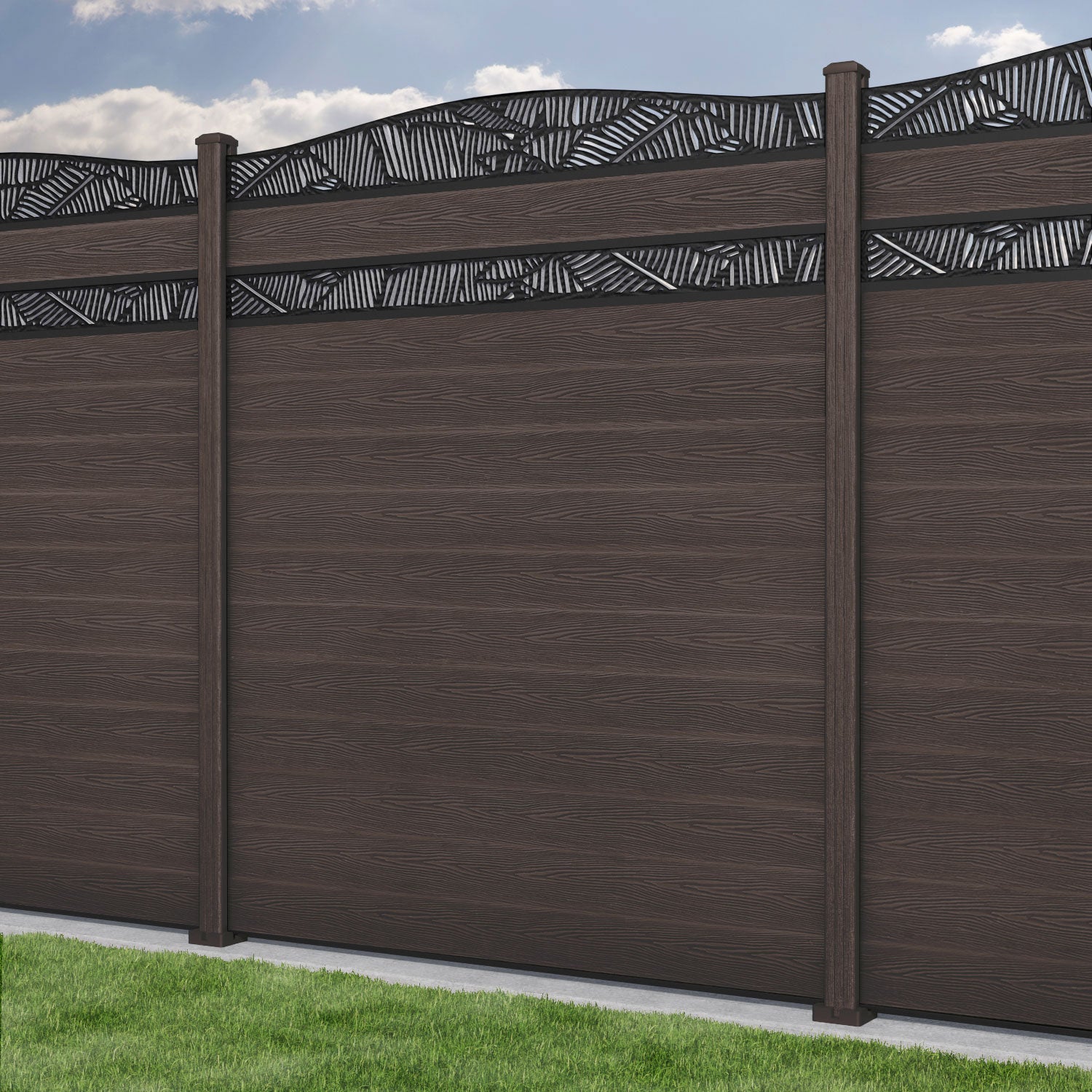 Classic Feather Curved Top Split Screen Fence Panel - Mid Brown - with our composite posts