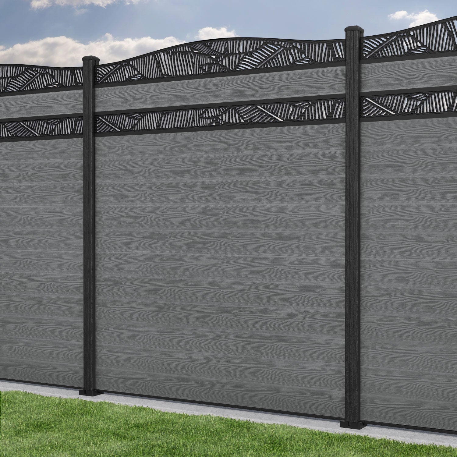 Classic Feather Curved Top Split Screen Fence Panel - Mid Grey - with our composite posts