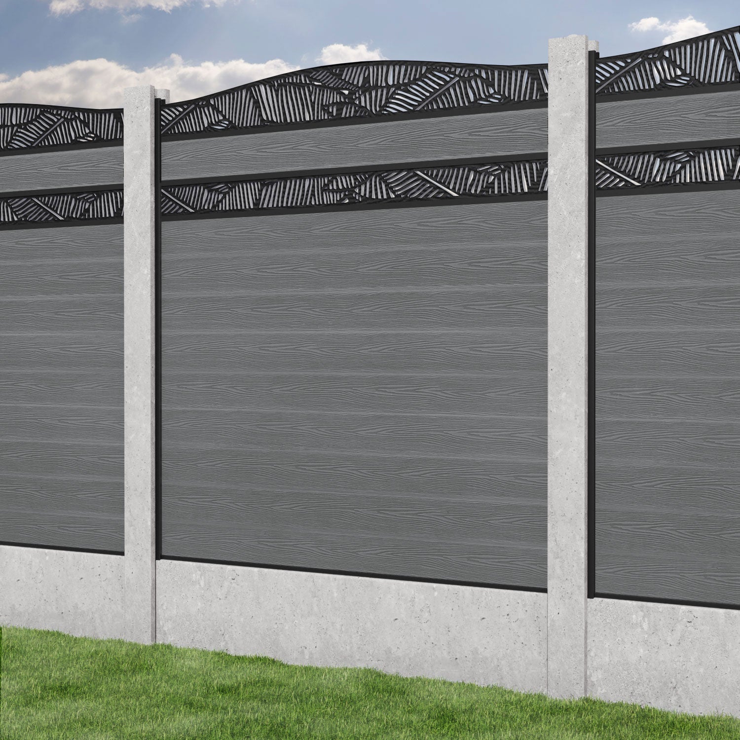 Classic Feather Curved Top Split Screen Fence Panel - Mid Grey - for existing concrete posts