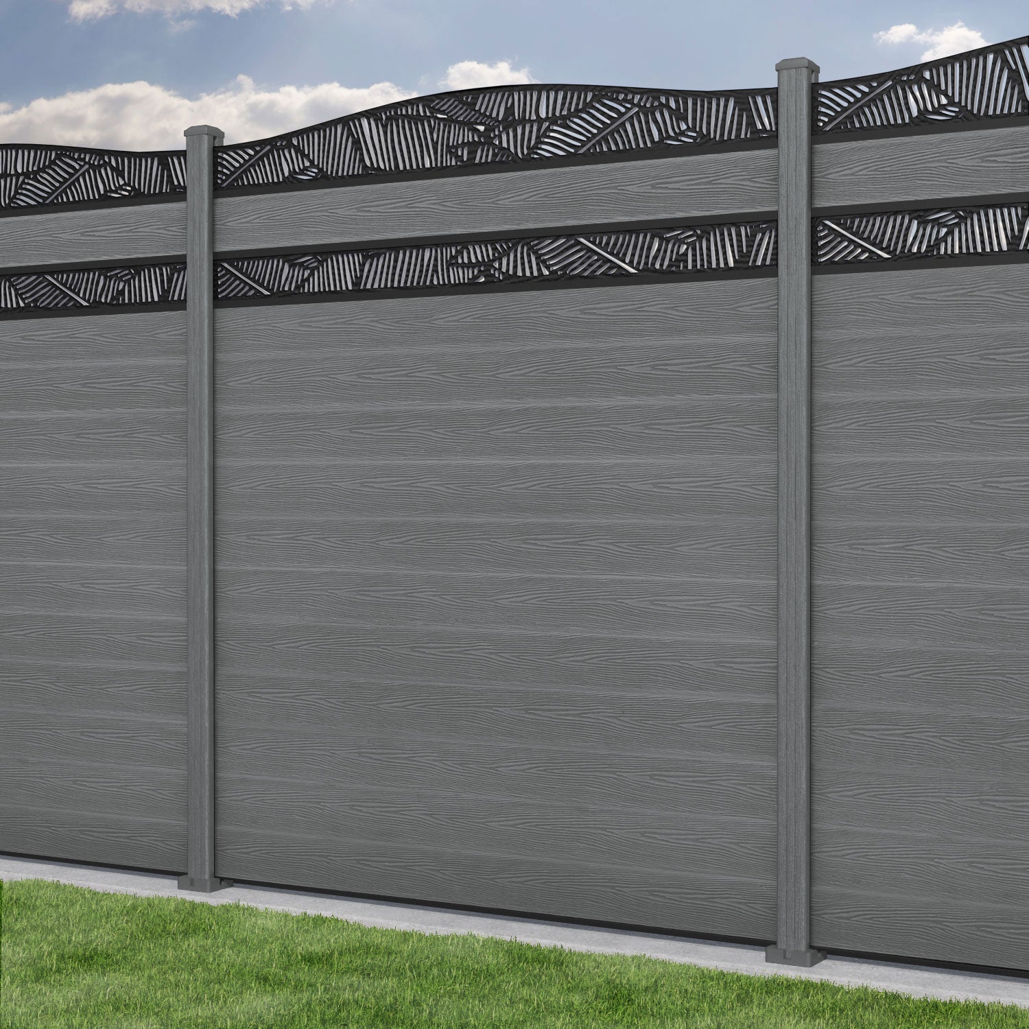 Classic Feather Curved Top Split Screen Fence Panel - Mid Grey - with our composite posts