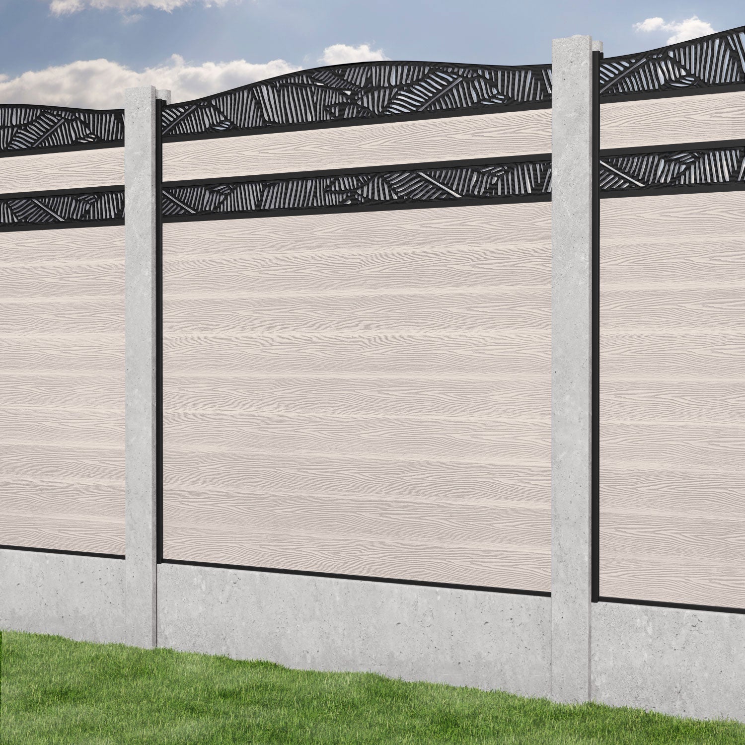 Classic Feather Curved Top Split Screen Fence Panel - Mid Stone - for existing concrete posts