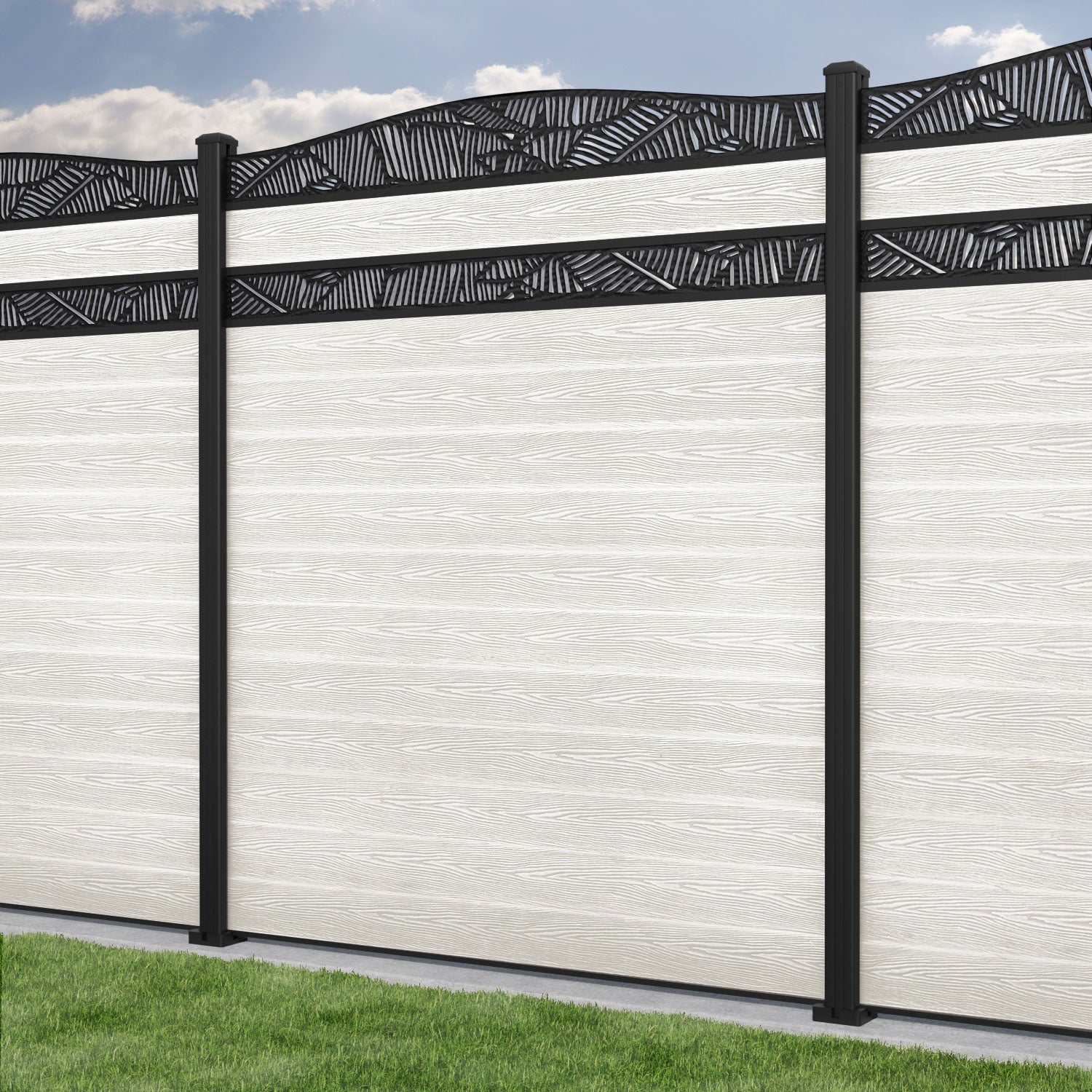 Classic Feather Curved Top Split Screen Fence Panel - Light Stone - with our aluminium posts