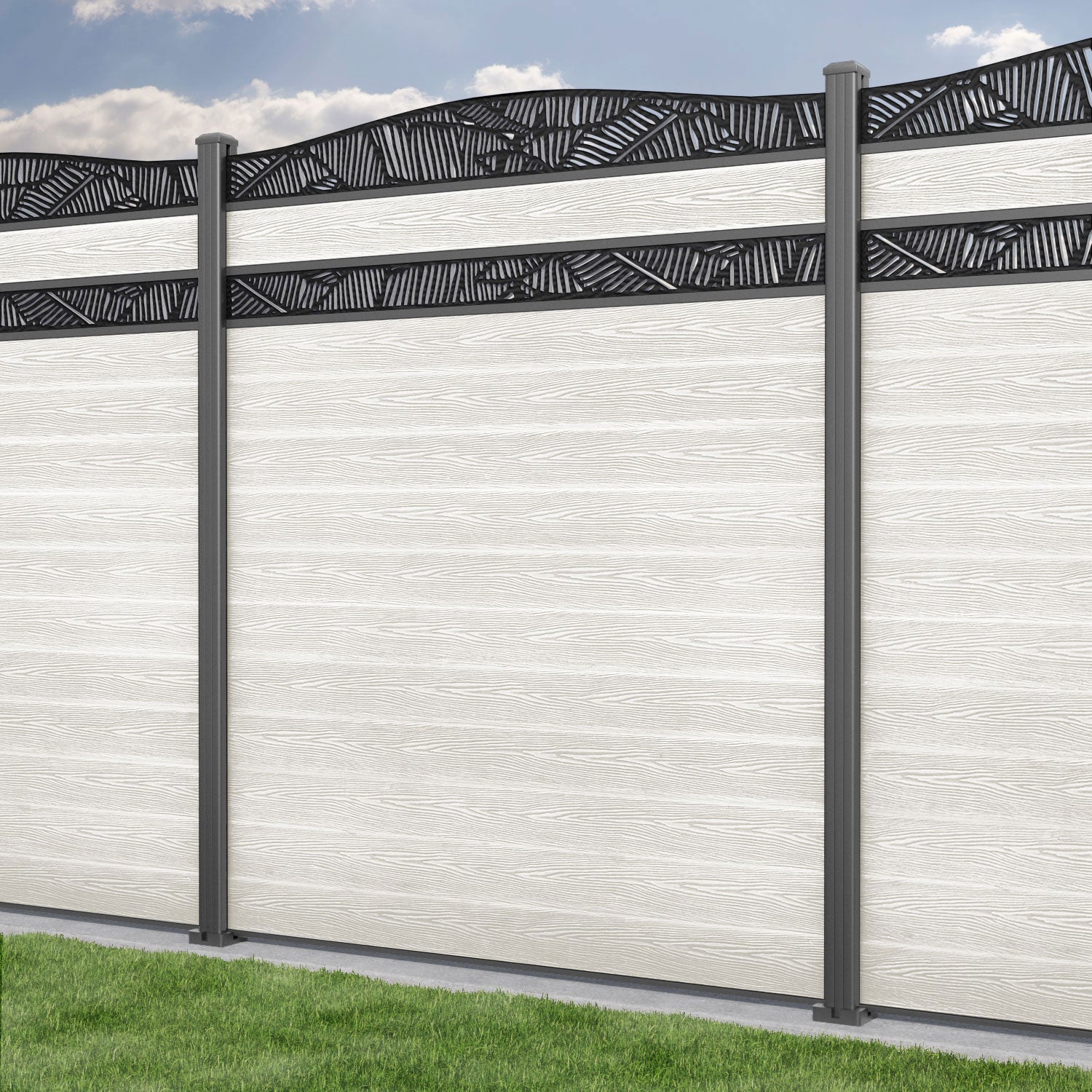Classic Feather Curved Top Split Screen Fence Panel - Light Stone - with our aluminium posts