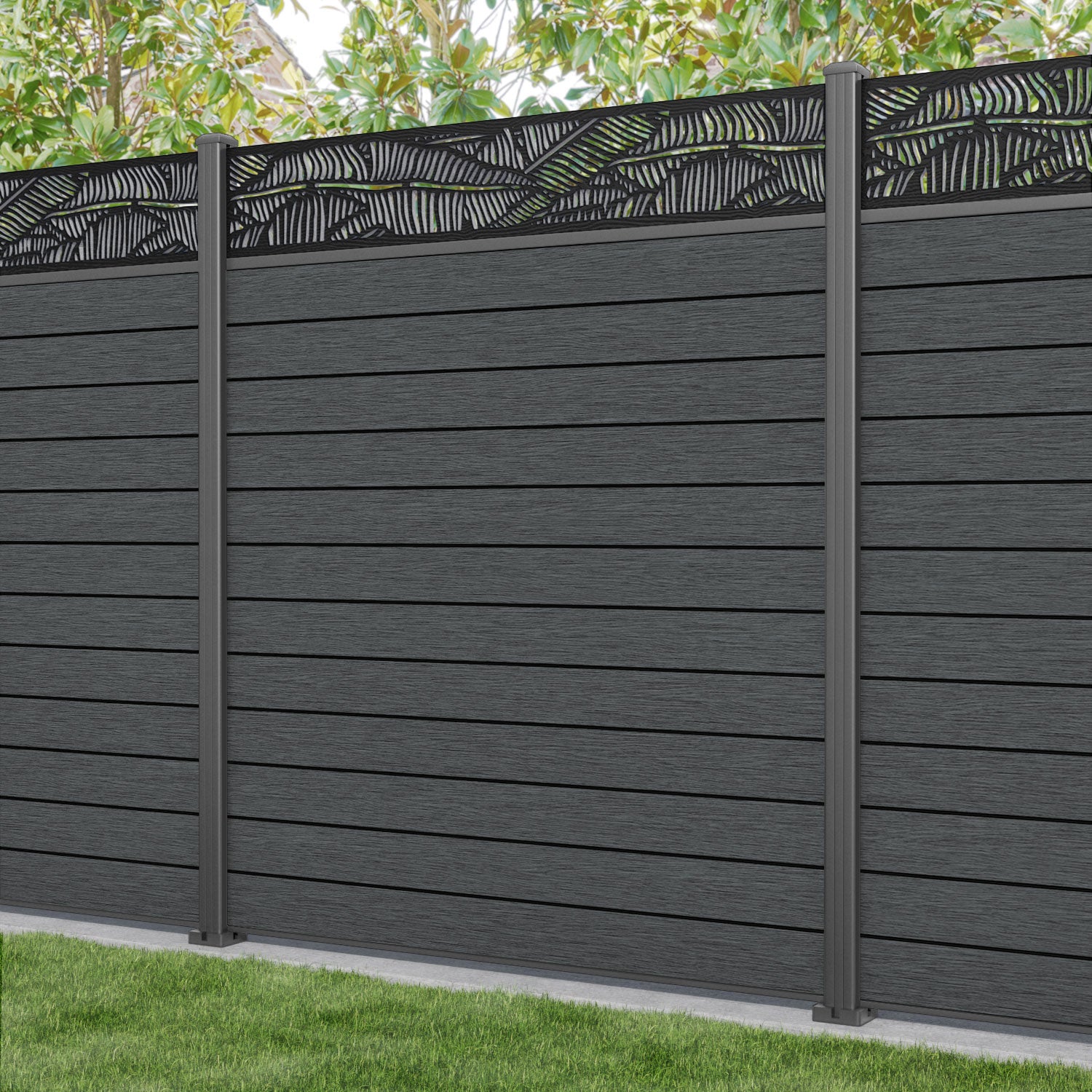 Fusion Feather Fence Panel - Dark Grey - with our aluminium posts