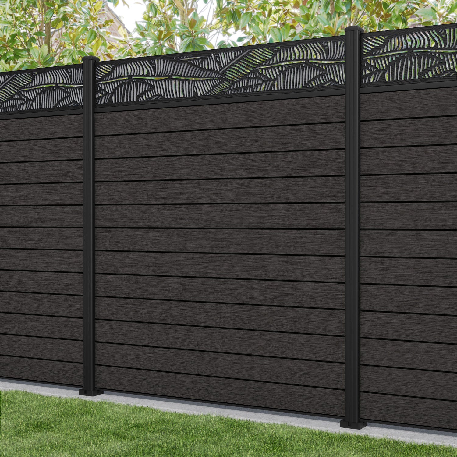 Fusion Feather Fence Panel - Dark Oak - with our aluminium posts