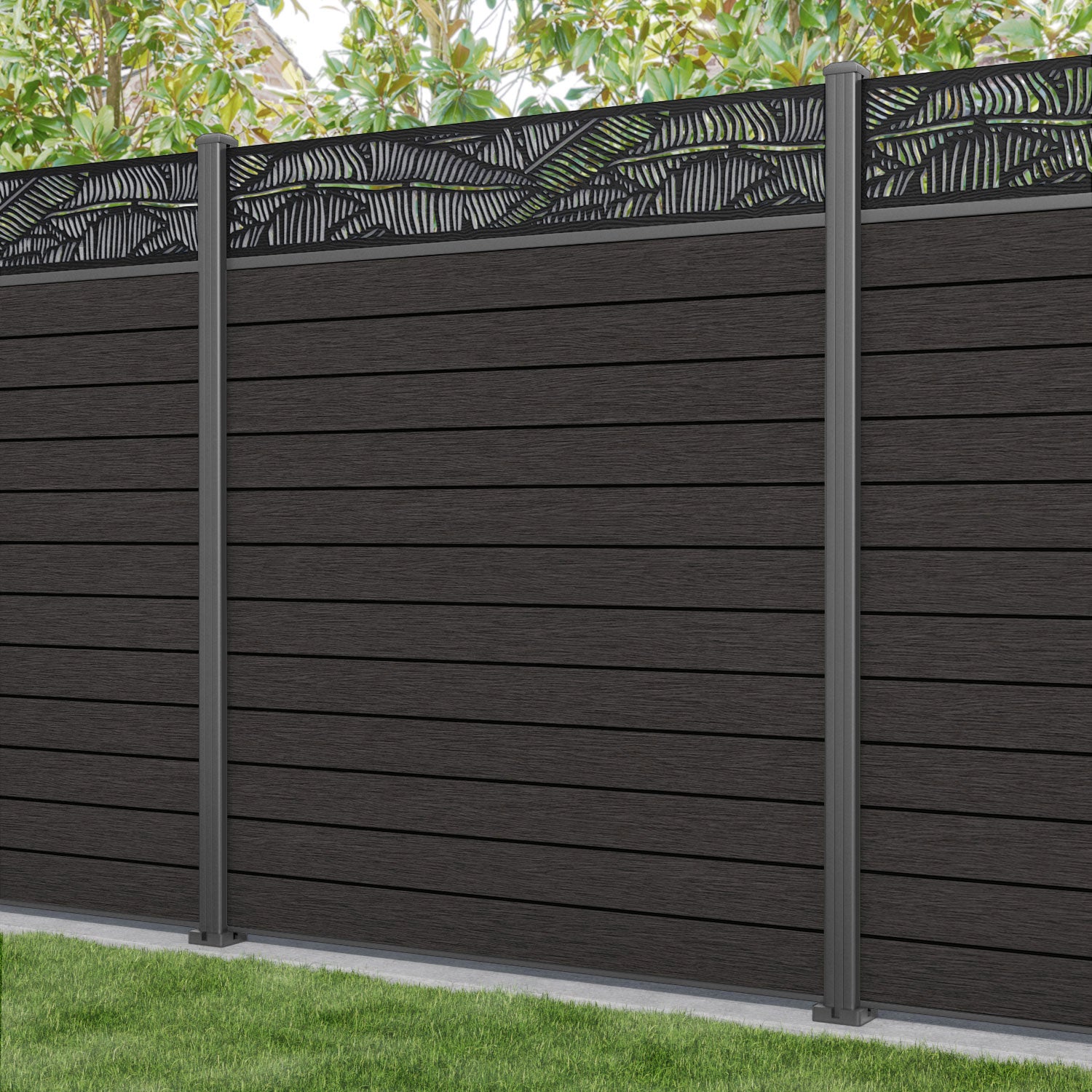 Fusion Feather Fence Panel - Dark Oak - with our aluminium posts