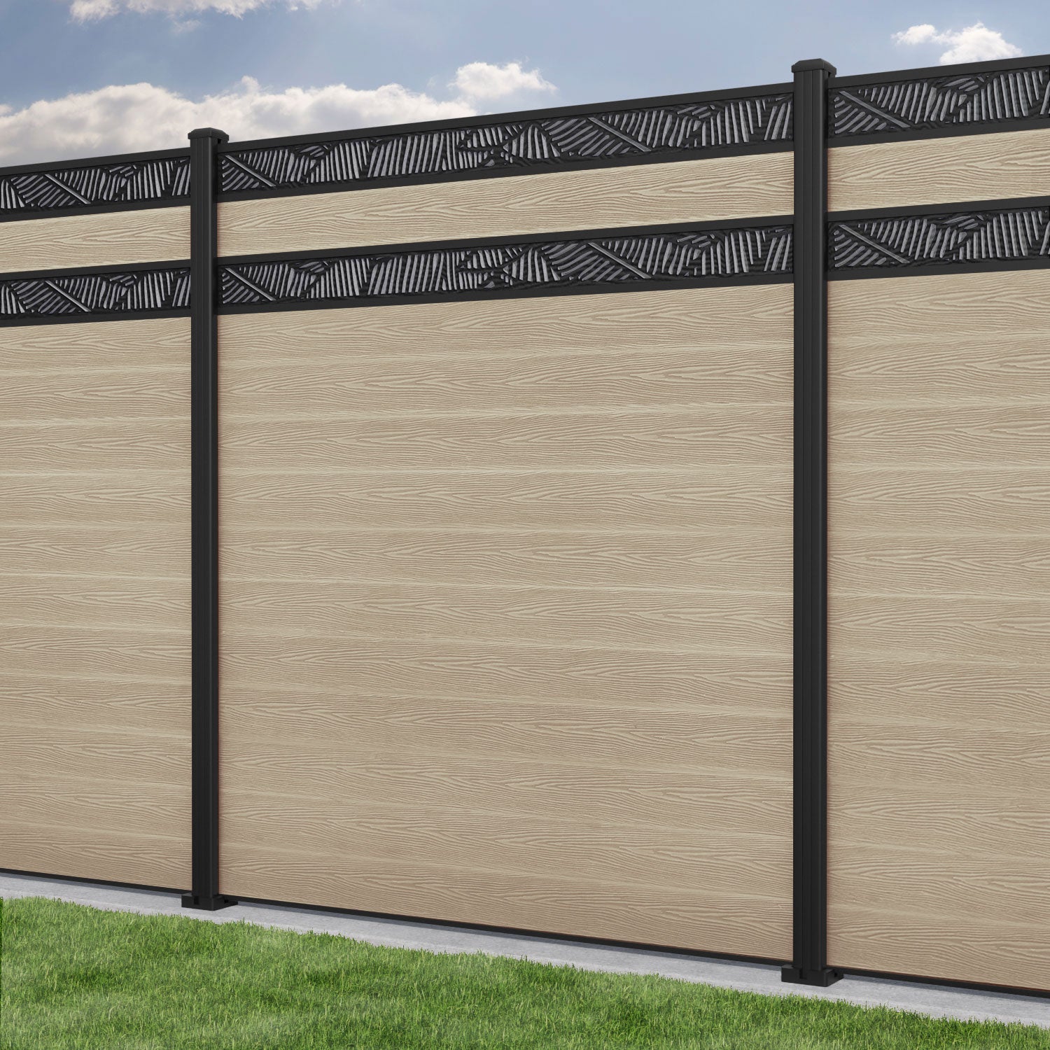 Classic Feather Split Screen Fence Panel - Light Oak - with our aluminium posts