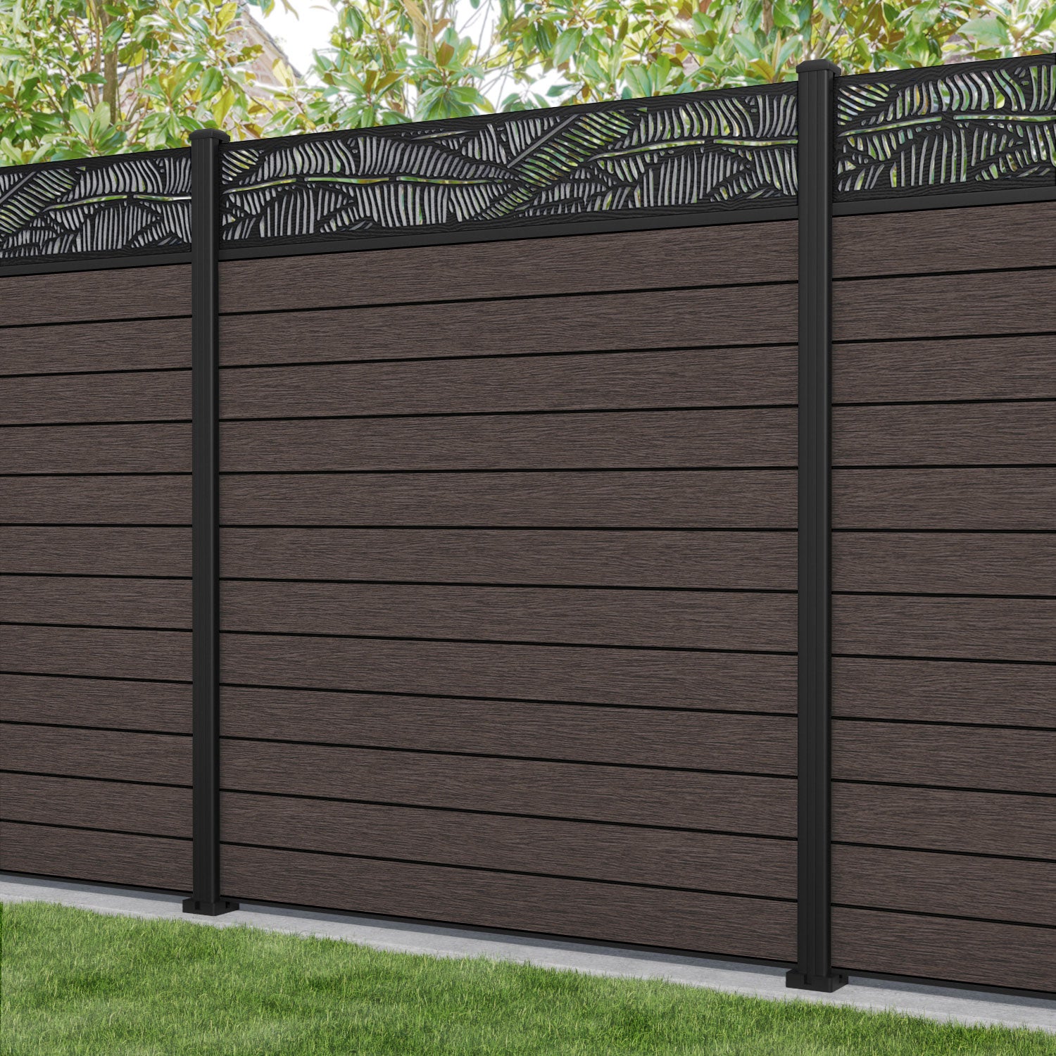 Fusion Feather Fence Panel - Mid Brown - with our aluminium posts