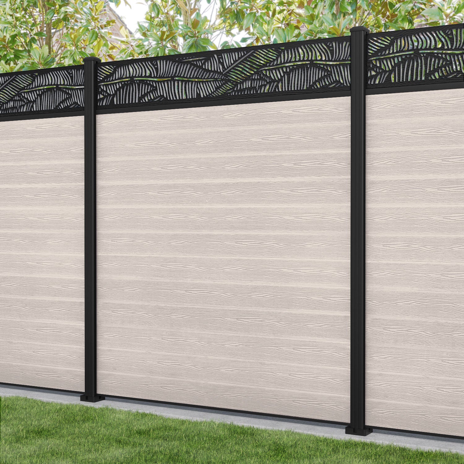 Classic Feather Fence Panel - Mid Stone - with our aluminium posts