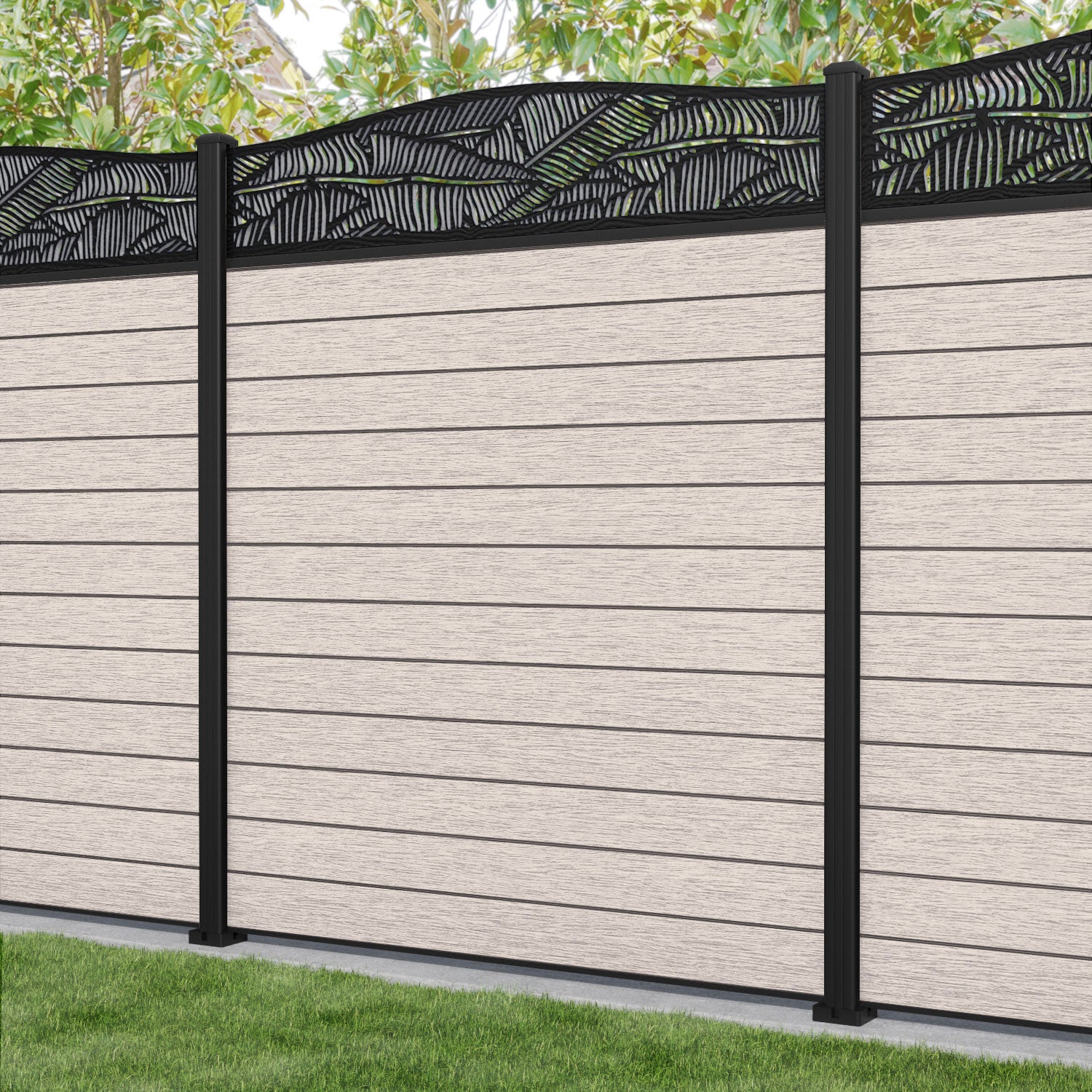Fusion Feather Curved Top Fence Panel - Mid Stone - with our aluminium posts