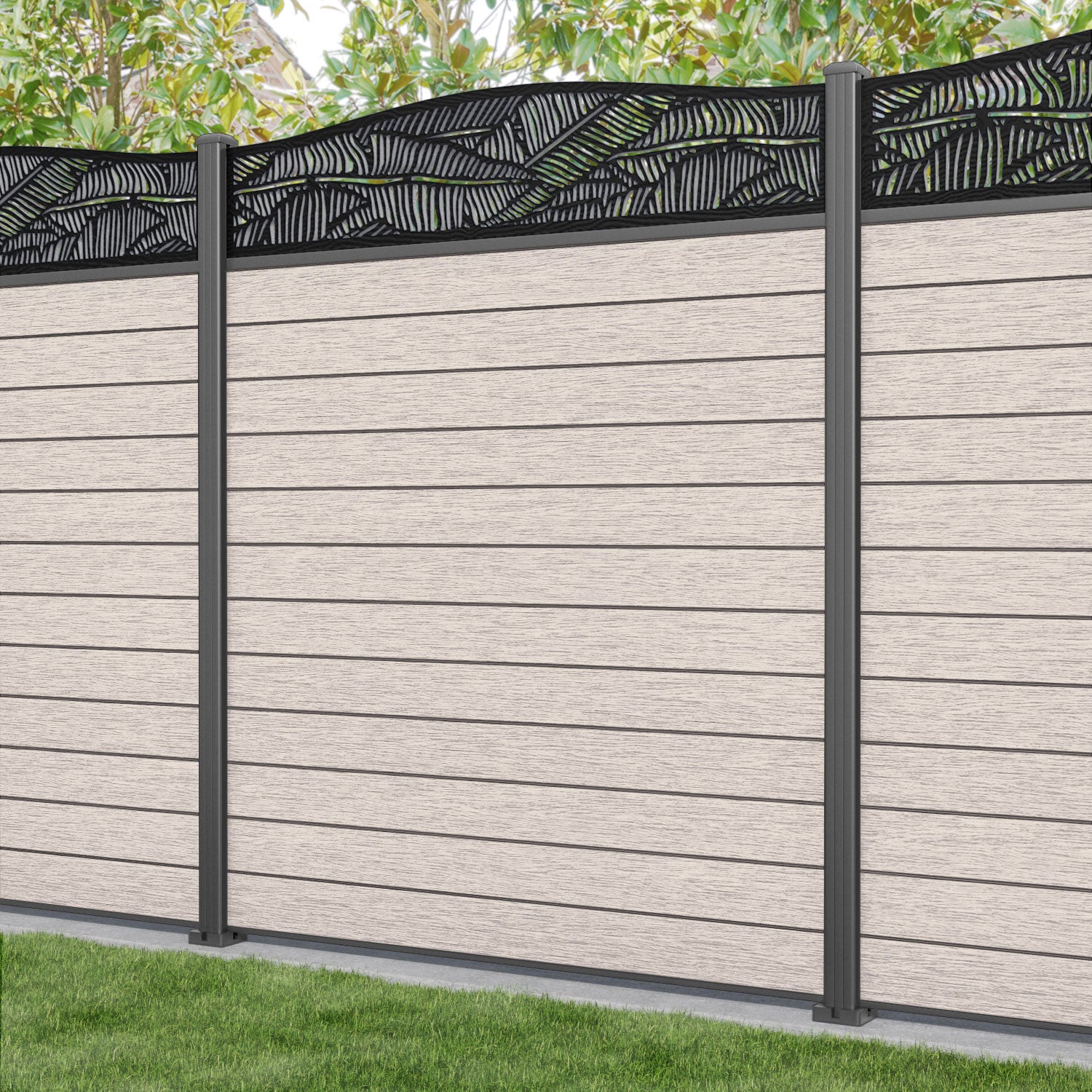 Fusion Feather Curved Top Fence Panel - Mid Stone - with our aluminium posts