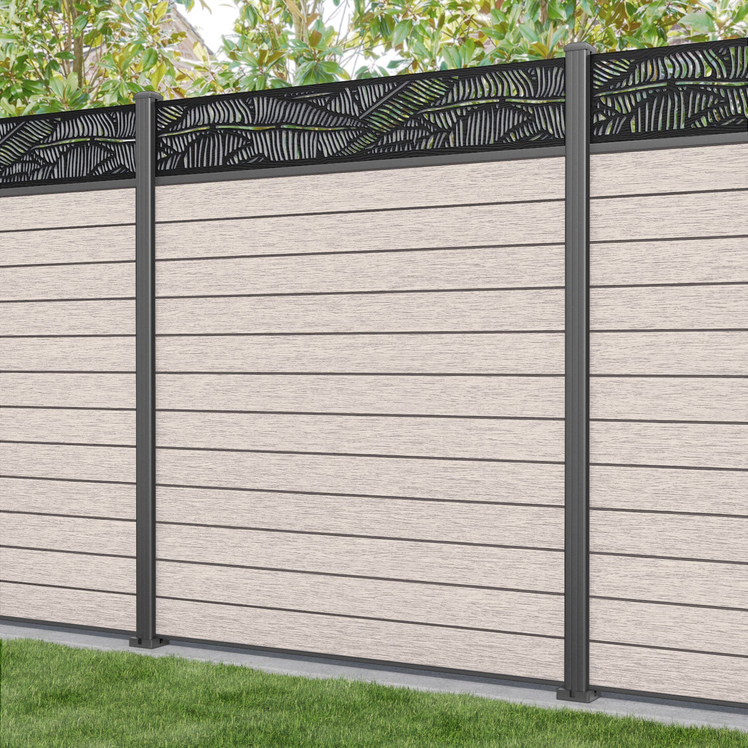 Fusion Feather Fence Panel - Mid Stone - with our aluminium posts