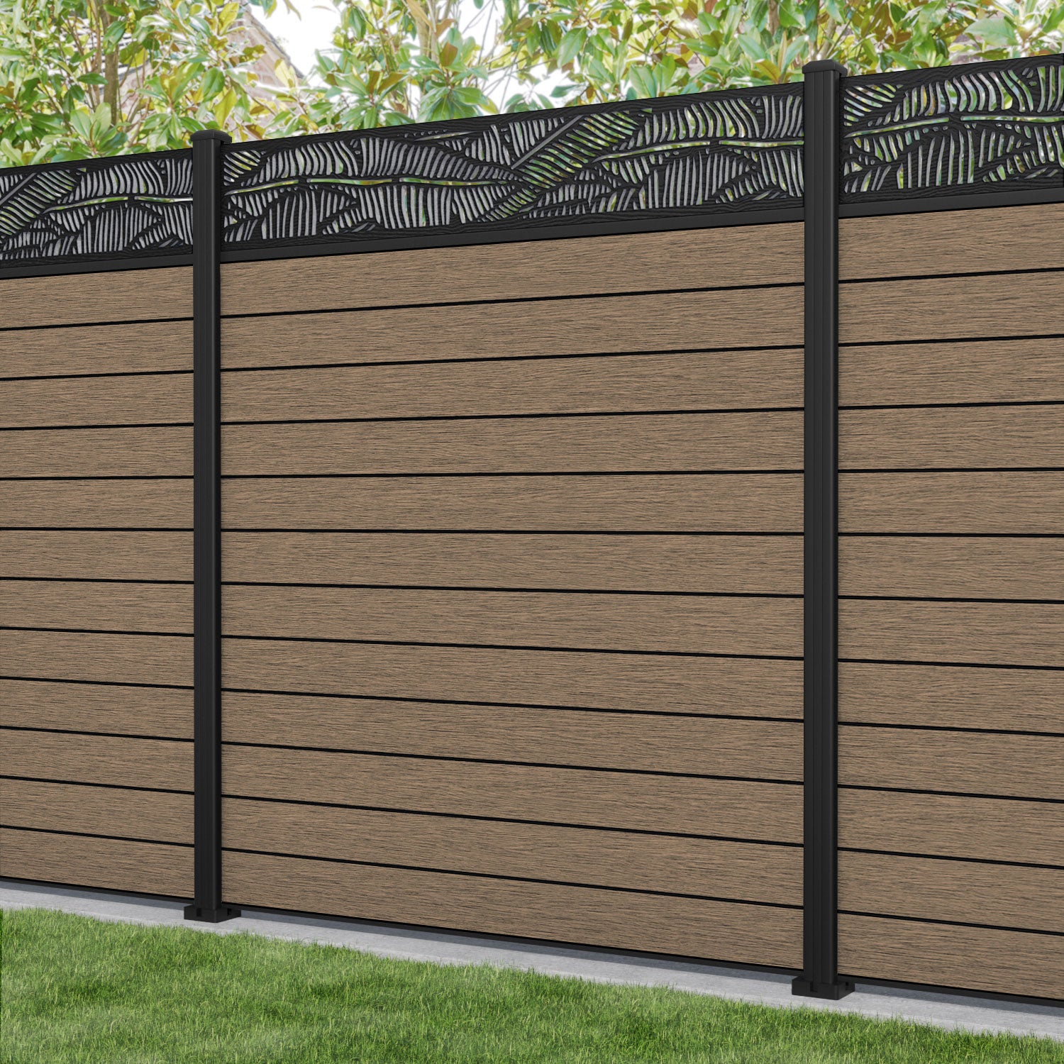 Fusion Feather Fence Panel - Teak - with our aluminium posts