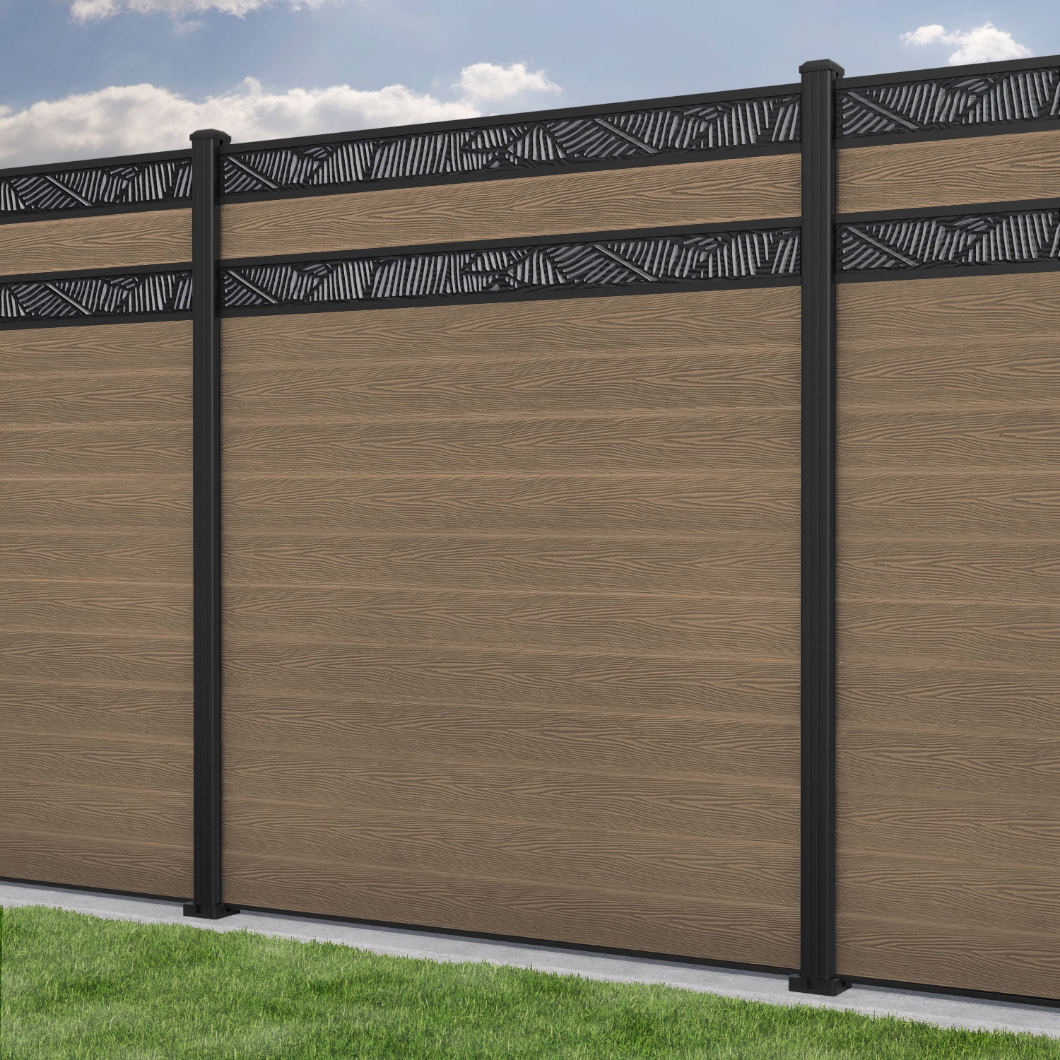 Classic Feather Split Screen Fence Panel - Teak - with our aluminium posts