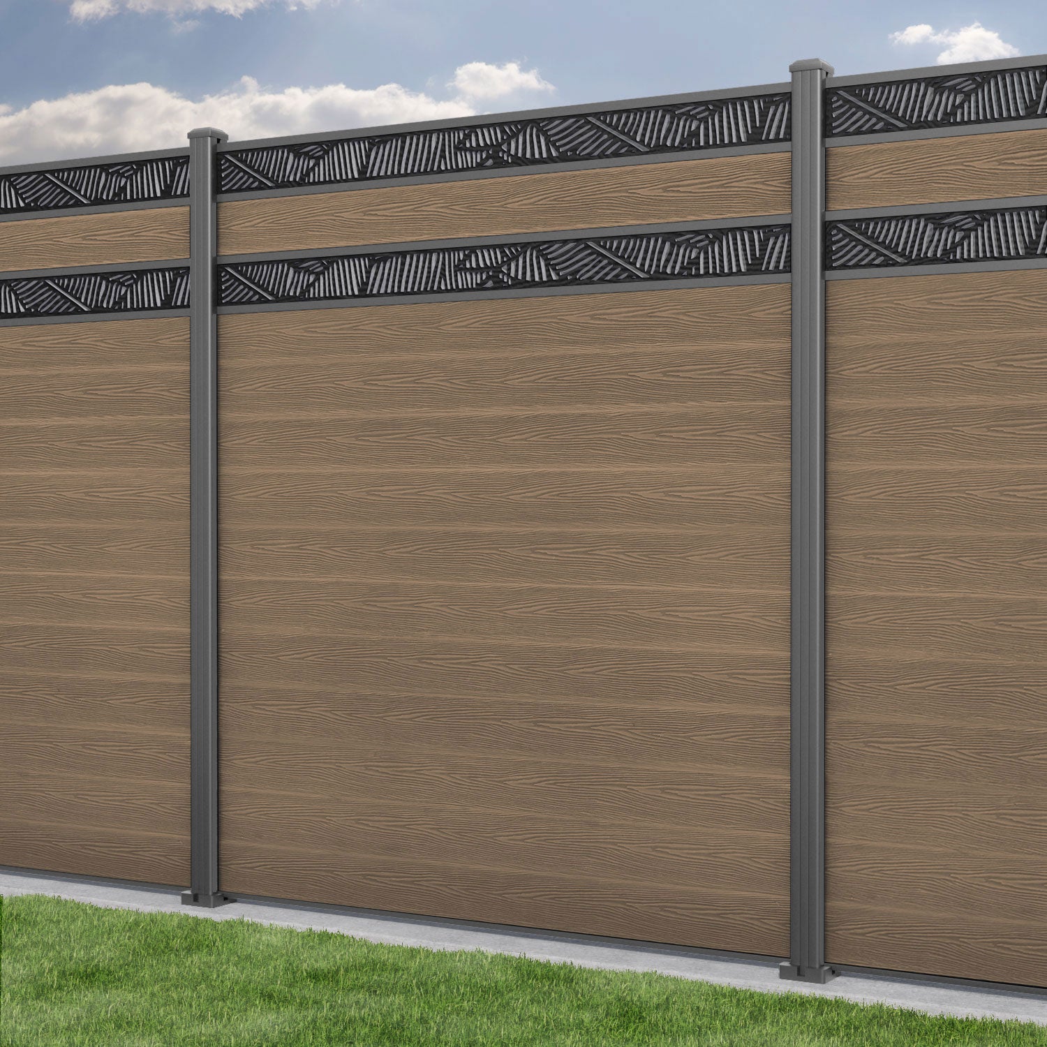 Classic Feather Split Screen Fence Panel - Teak - with our aluminium posts