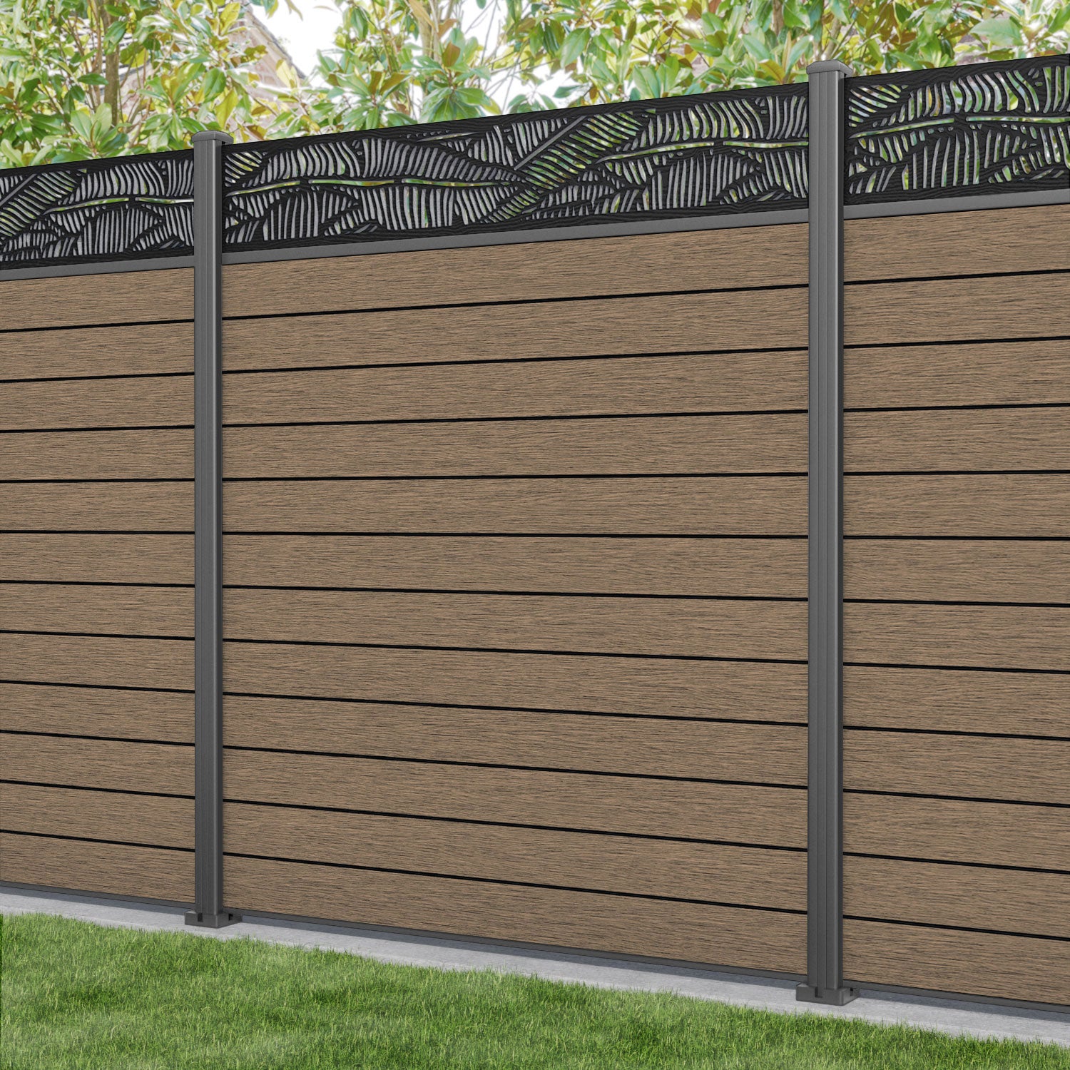 Fusion Feather Fence Panel - Teak - with our aluminium posts